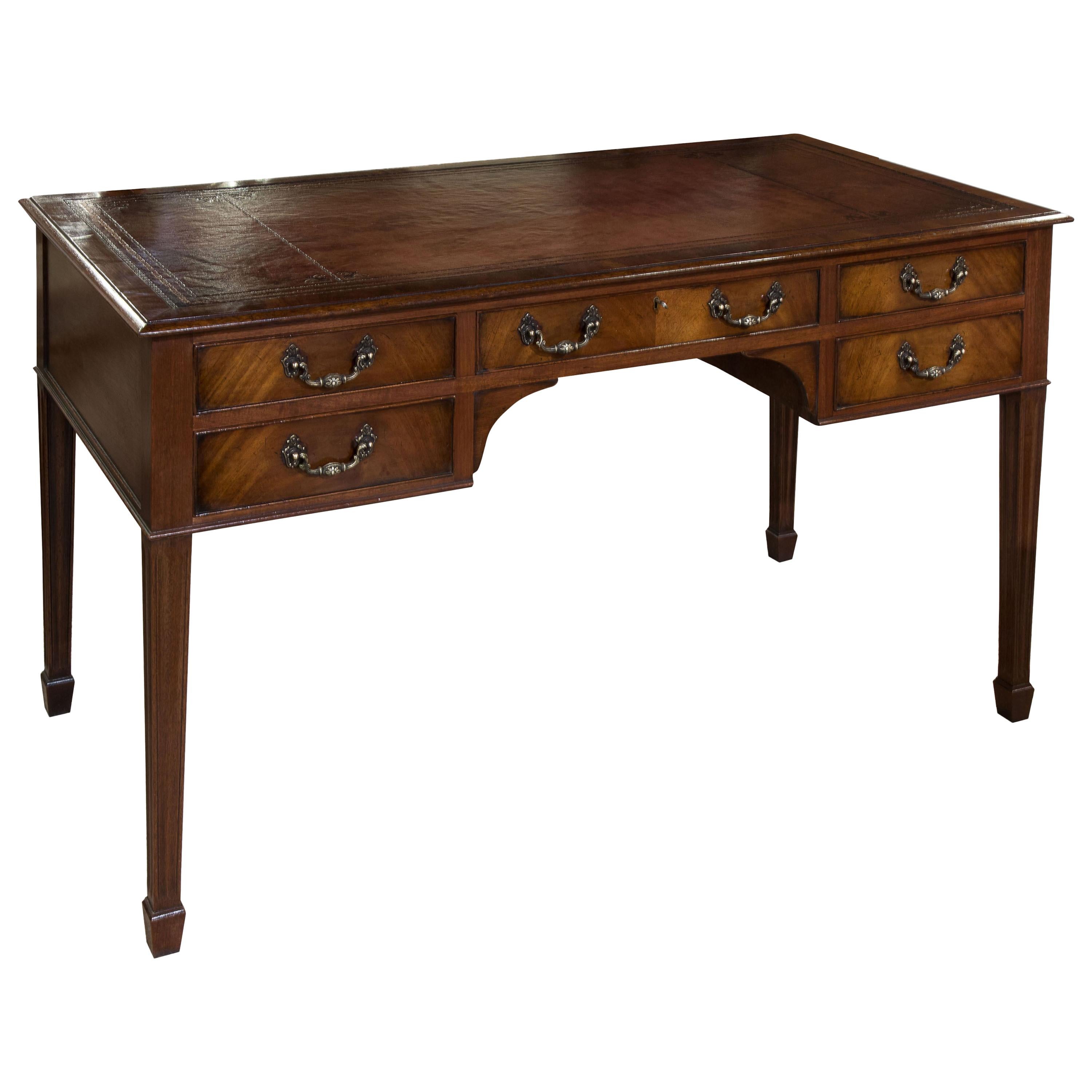 Mahogany Five-Drawer Writing Table with Antique Wine Leather Top, circa 1900