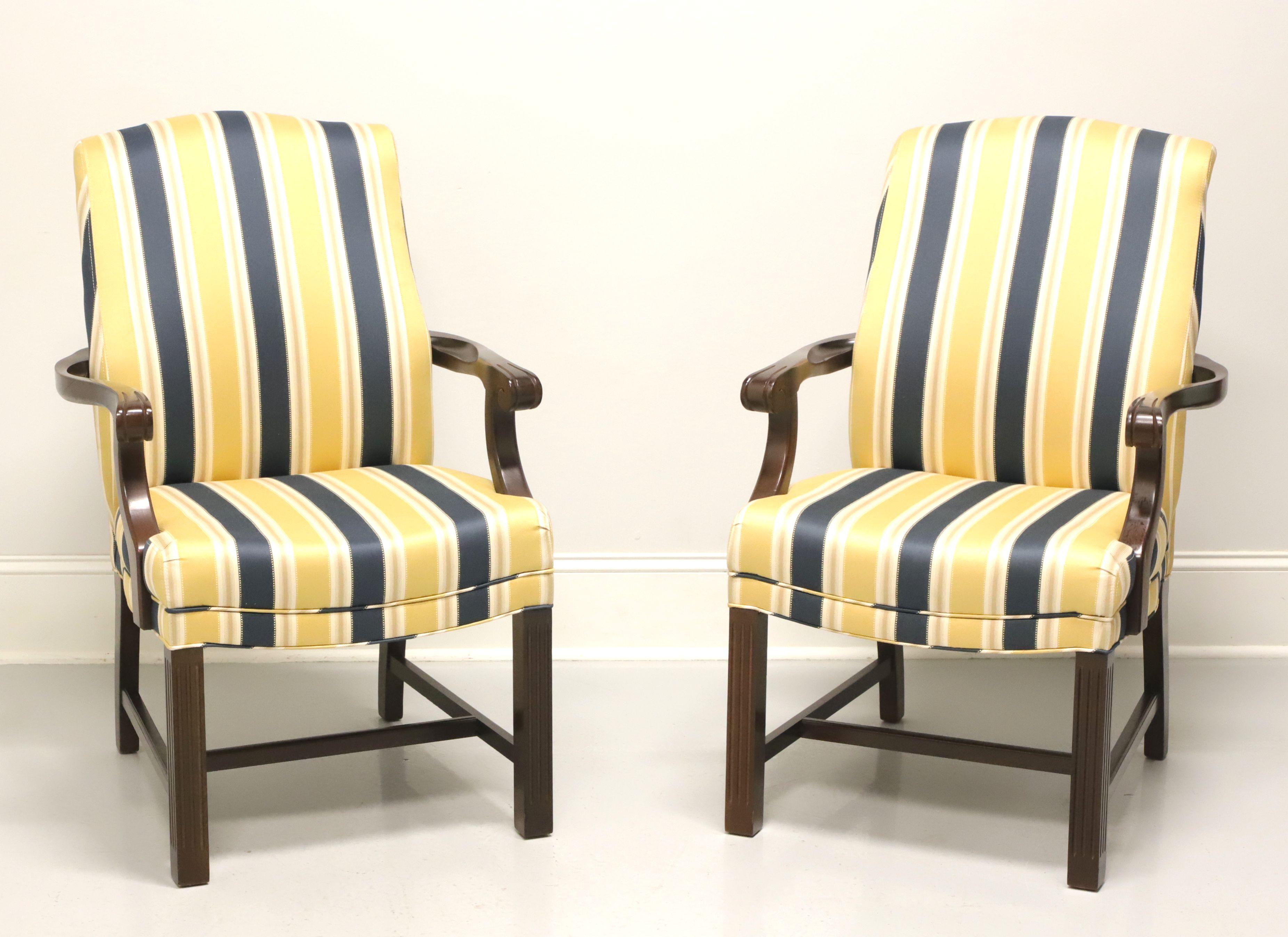 PATRICIAN Mahogany Frame Chippendale Blue & Yellow Stripe Armchairs - Pair A For Sale 6
