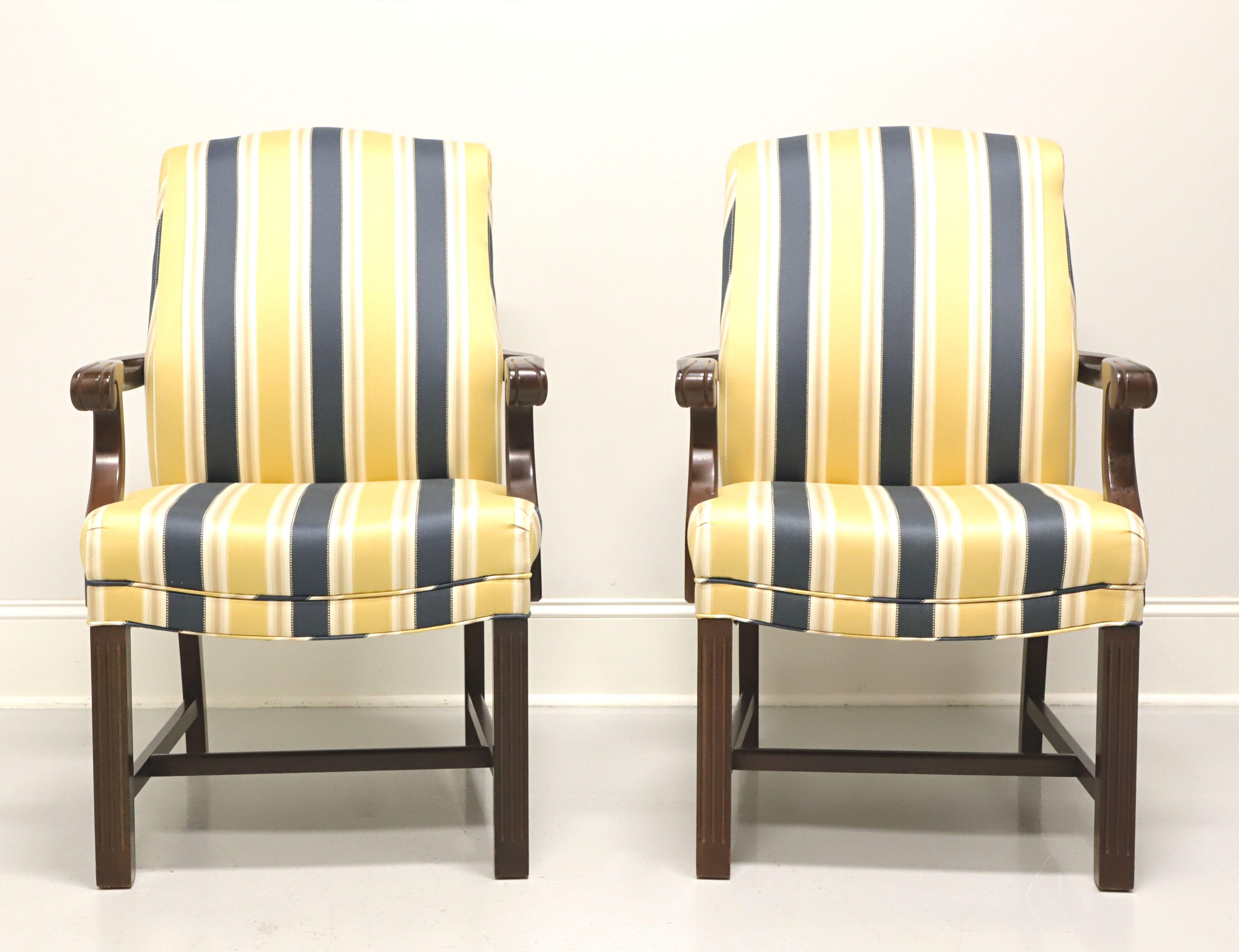 American PATRICIAN Mahogany Frame Chippendale Blue & Yellow Stripe Armchairs - Pair A For Sale