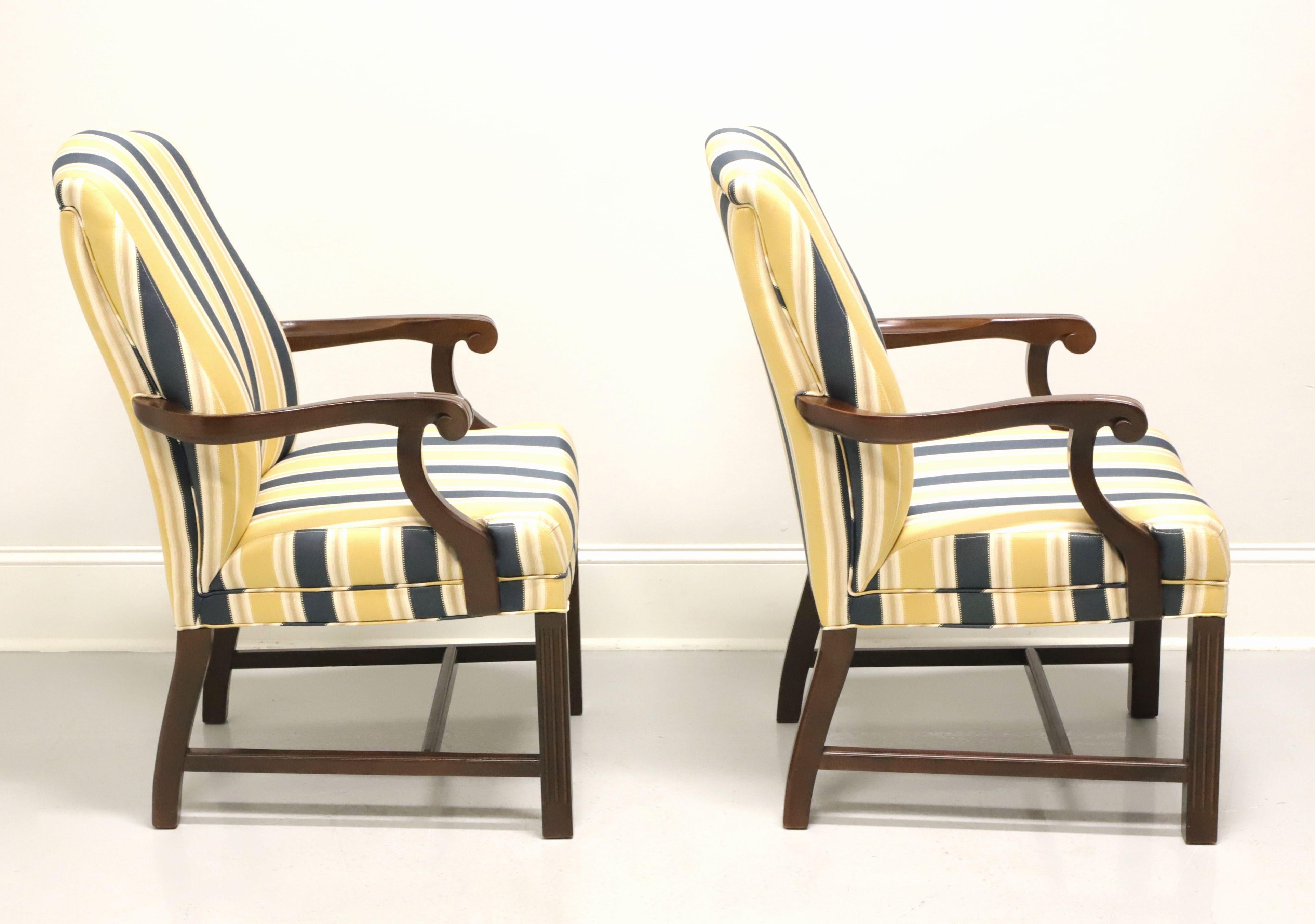 PATRICIAN Mahogany Frame Chippendale Blue & Yellow Stripe Armchairs - Pair A In Good Condition For Sale In Charlotte, NC