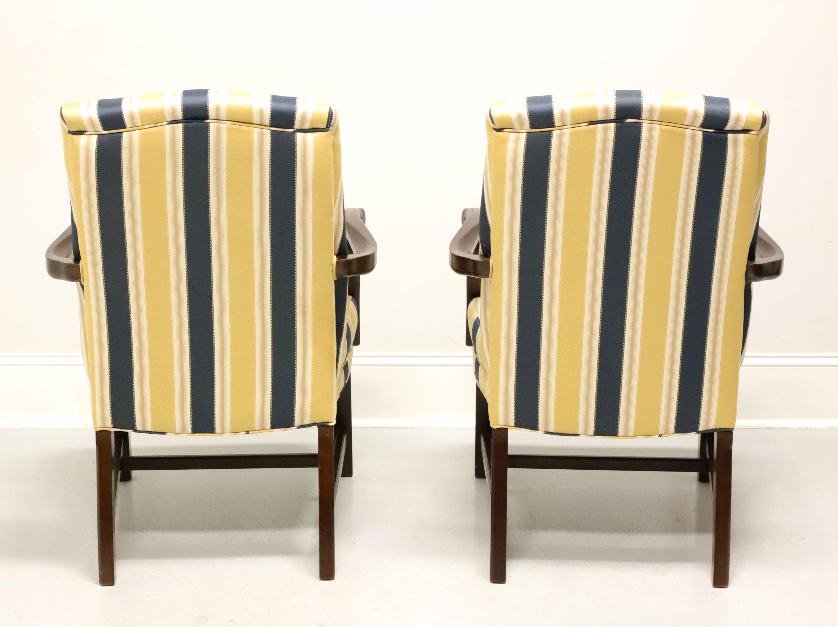 20th Century PATRICIAN Mahogany Frame Chippendale Blue & Yellow Stripe Armchairs - Pair A For Sale