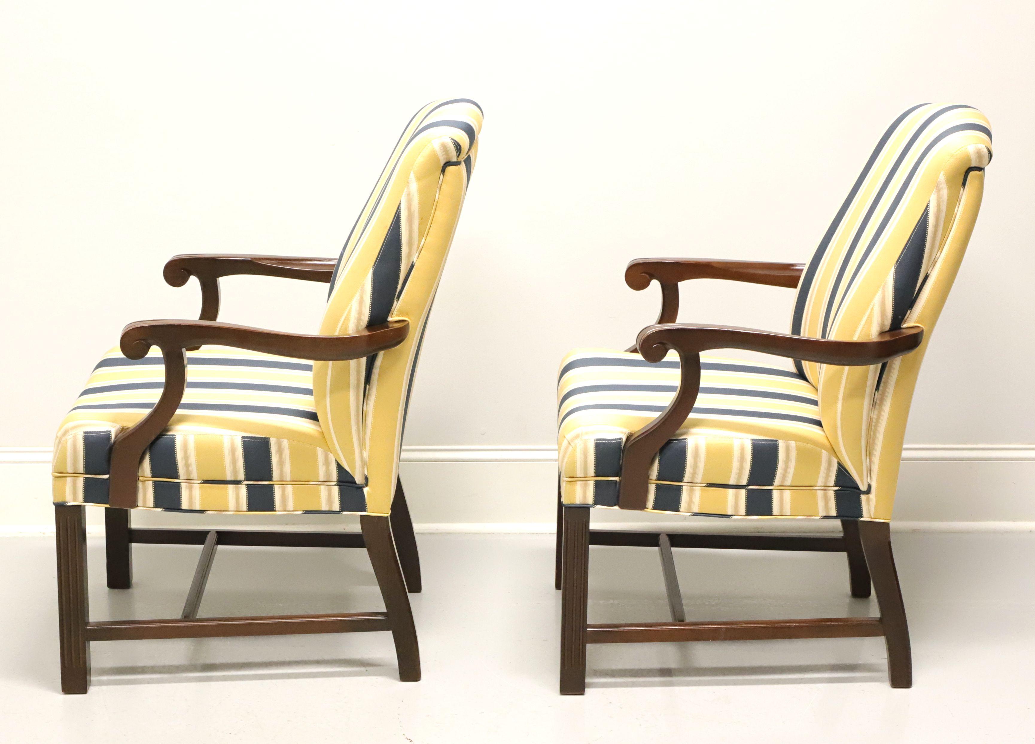 Fabric PATRICIAN Mahogany Frame Chippendale Blue & Yellow Stripe Armchairs - Pair A For Sale