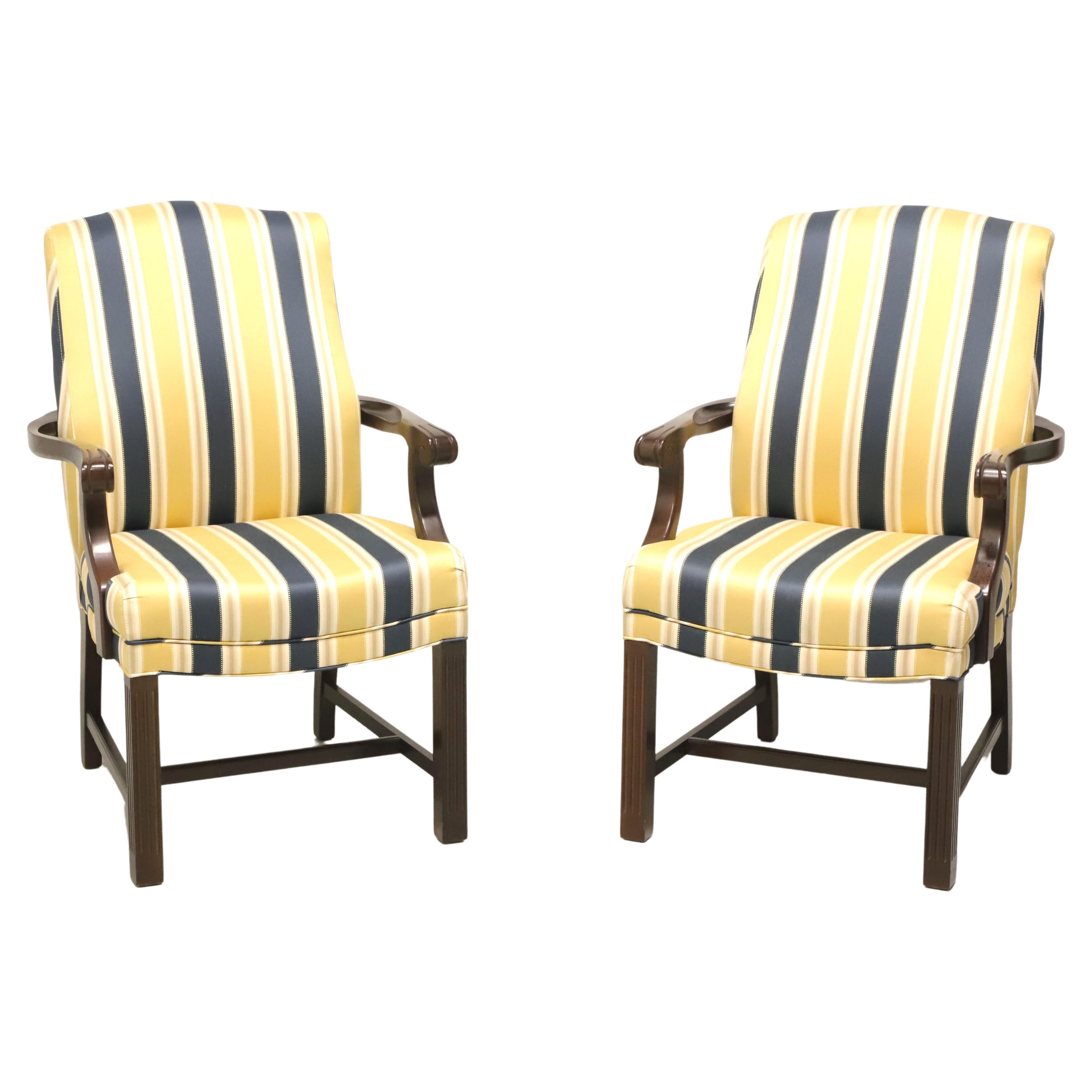 PATRICIAN Mahogany Frame Chippendale Blue & Yellow Stripe Armchairs - Pair A For Sale