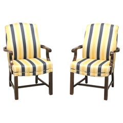 Mahogany Frame Chippendale Blue & Yellow Stripe Upholstered Armchairs - Pair A