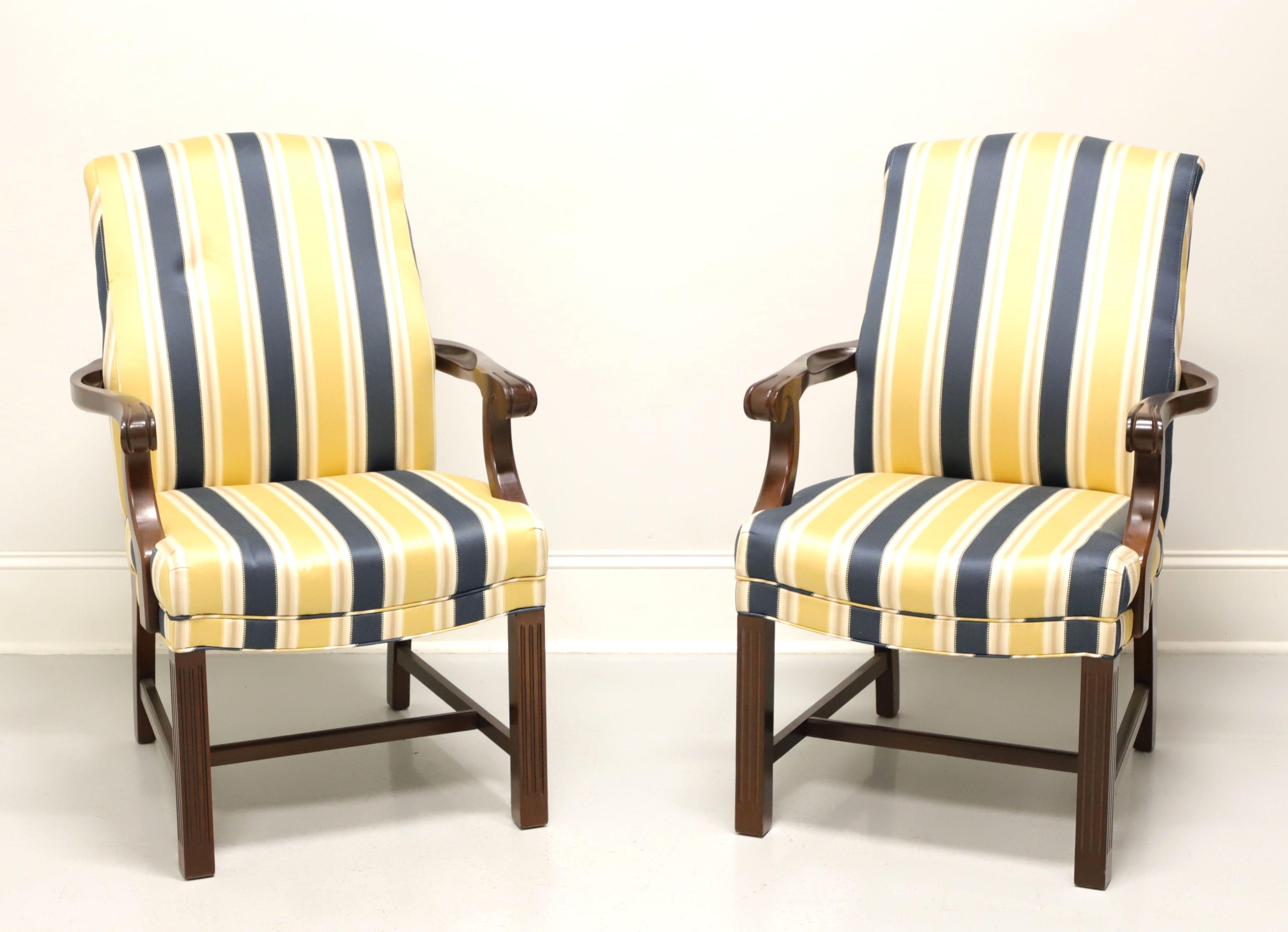 PATRICIAN Mahogany Frame Chippendale Blue & Yellow Stripe Armchairs - Pair B For Sale 4