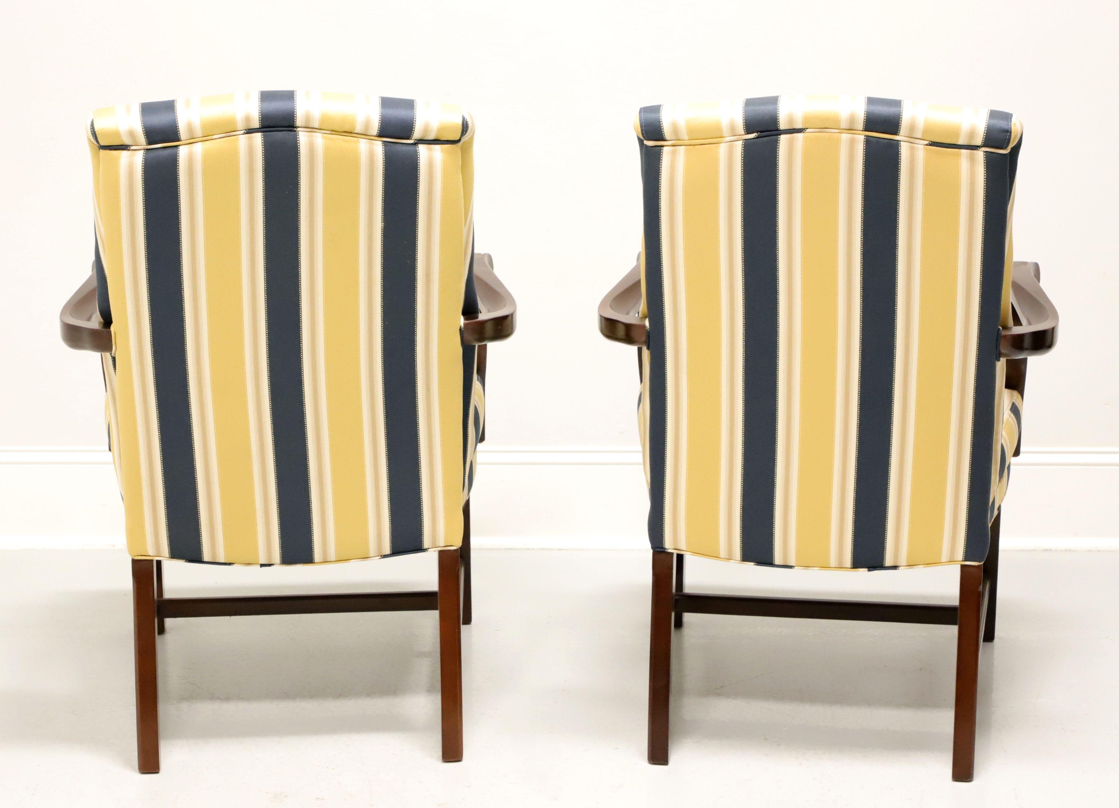 American PATRICIAN Mahogany Frame Chippendale Blue & Yellow Stripe Armchairs - Pair B For Sale