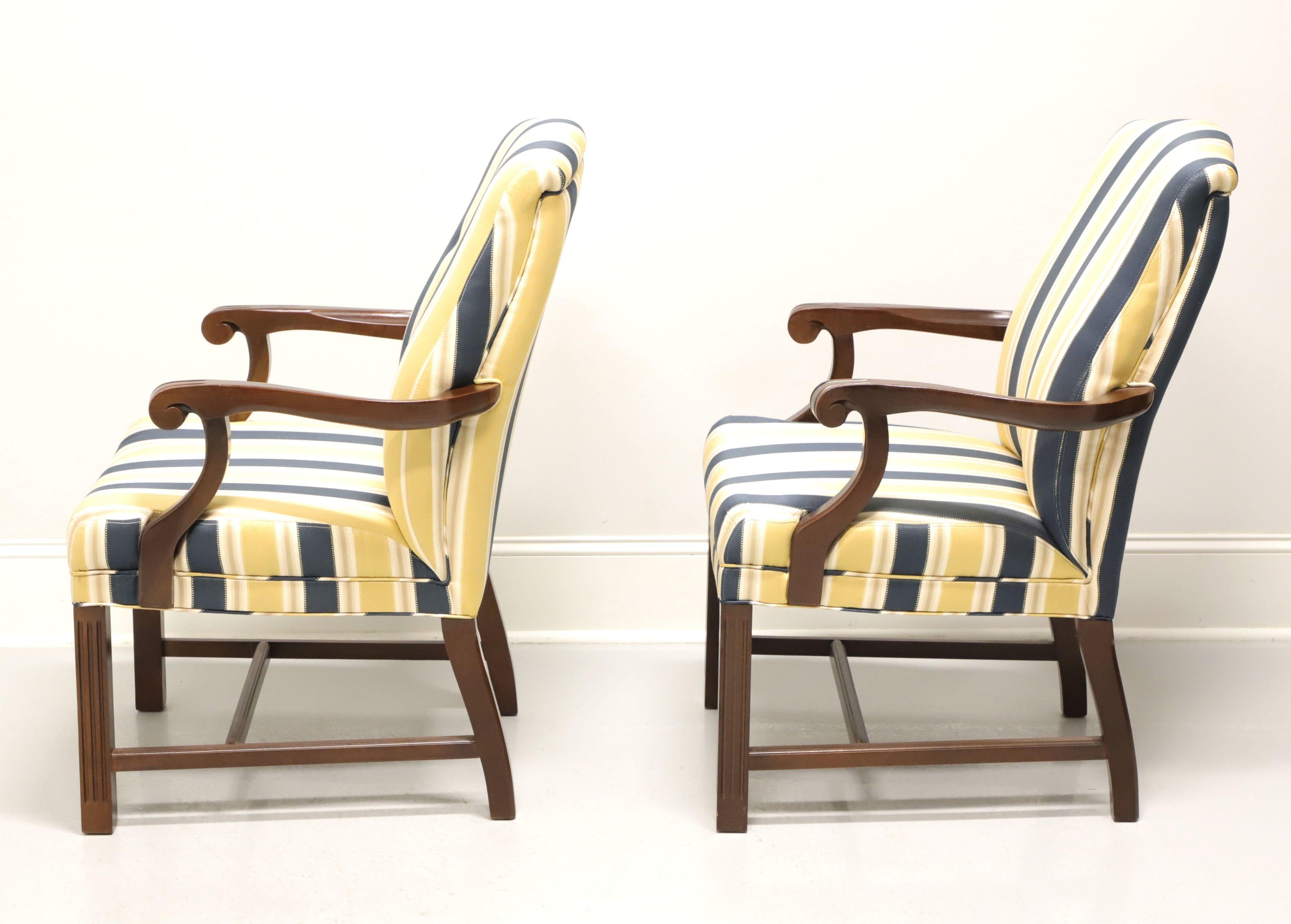 PATRICIAN Mahogany Frame Chippendale Blue & Yellow Stripe Armchairs - Pair B In Good Condition For Sale In Charlotte, NC