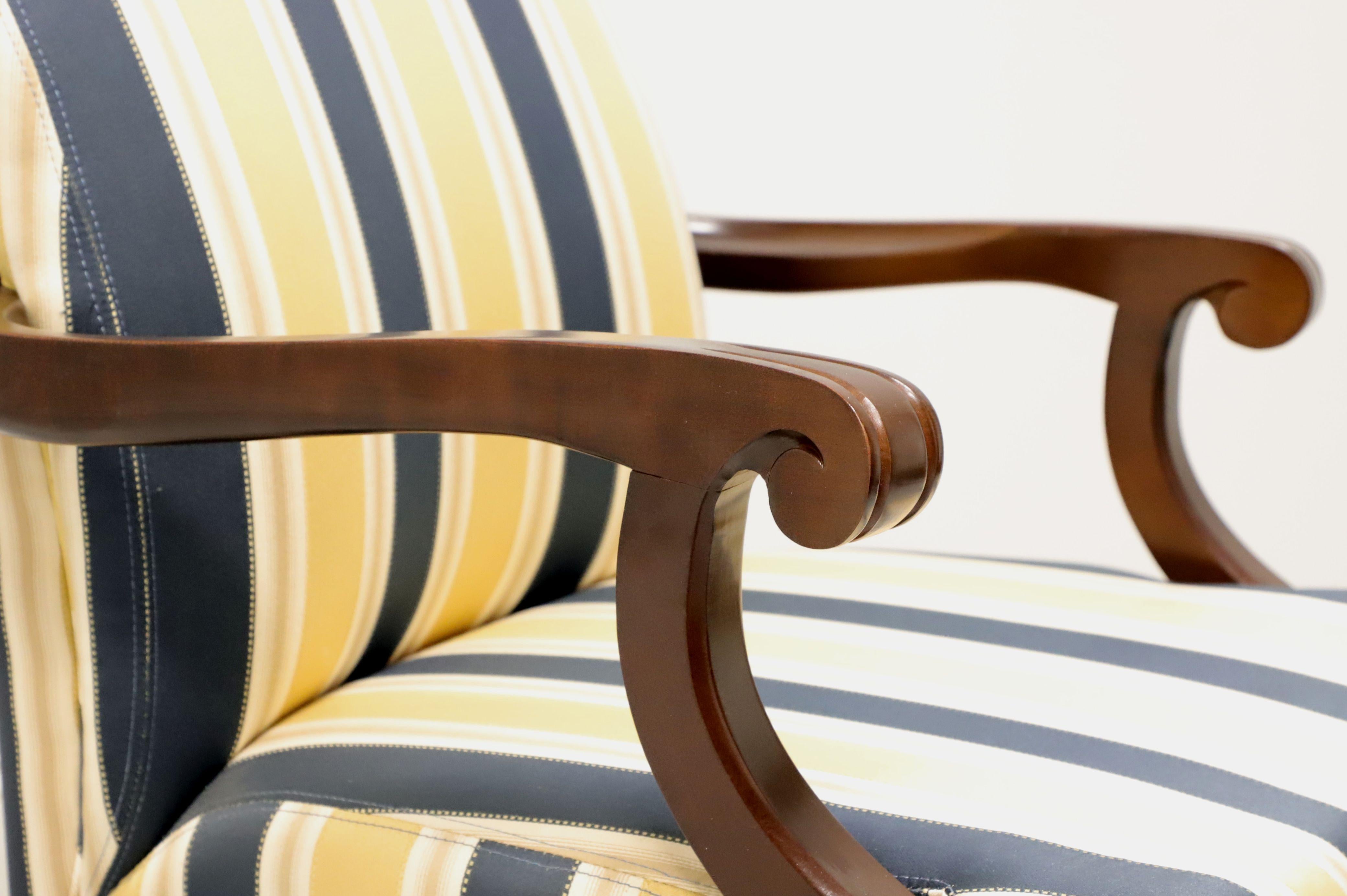 Fabric PATRICIAN Mahogany Frame Chippendale Blue & Yellow Stripe Armchairs - Pair B For Sale