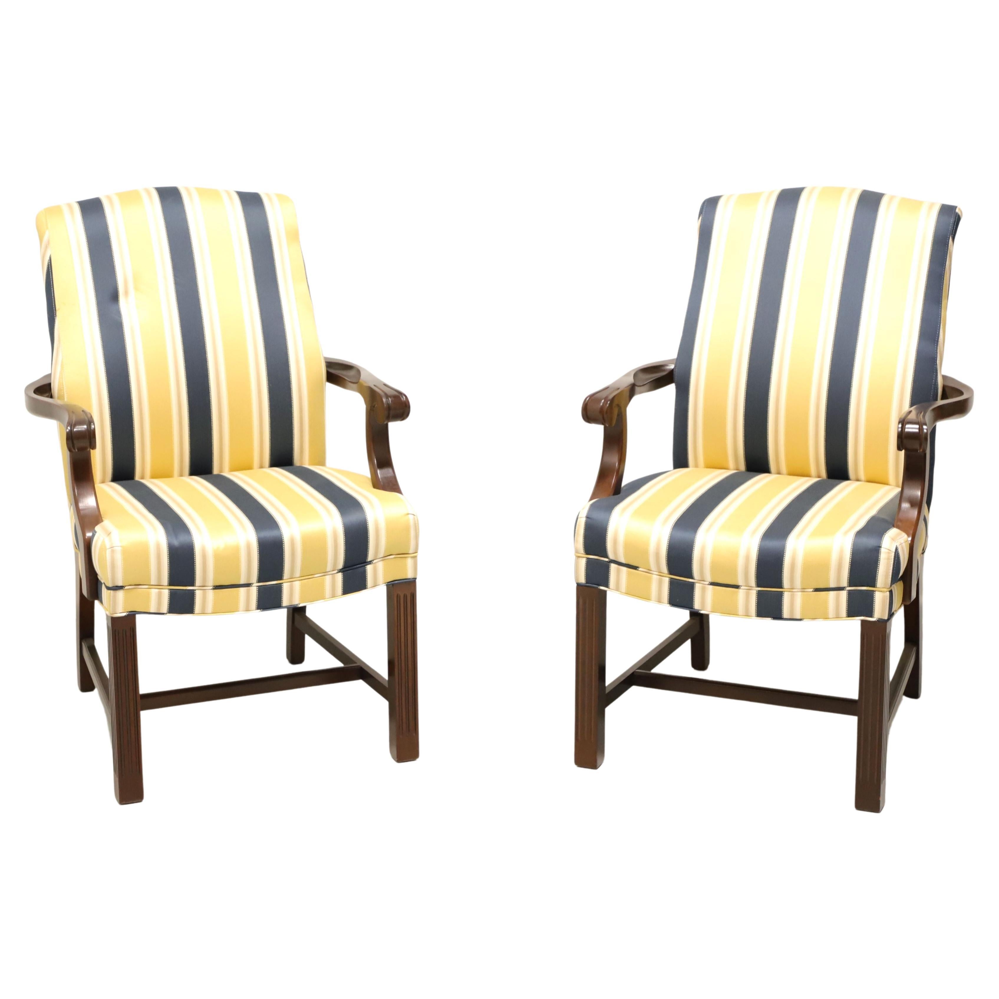 PATRICIAN Mahogany Frame Chippendale Blue & Yellow Stripe Armchairs - Pair B For Sale