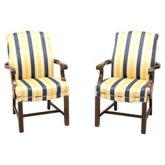 Mahogany Frame Chippendale Blue & Yellow Stripe Upholstered Armchairs - Pair B