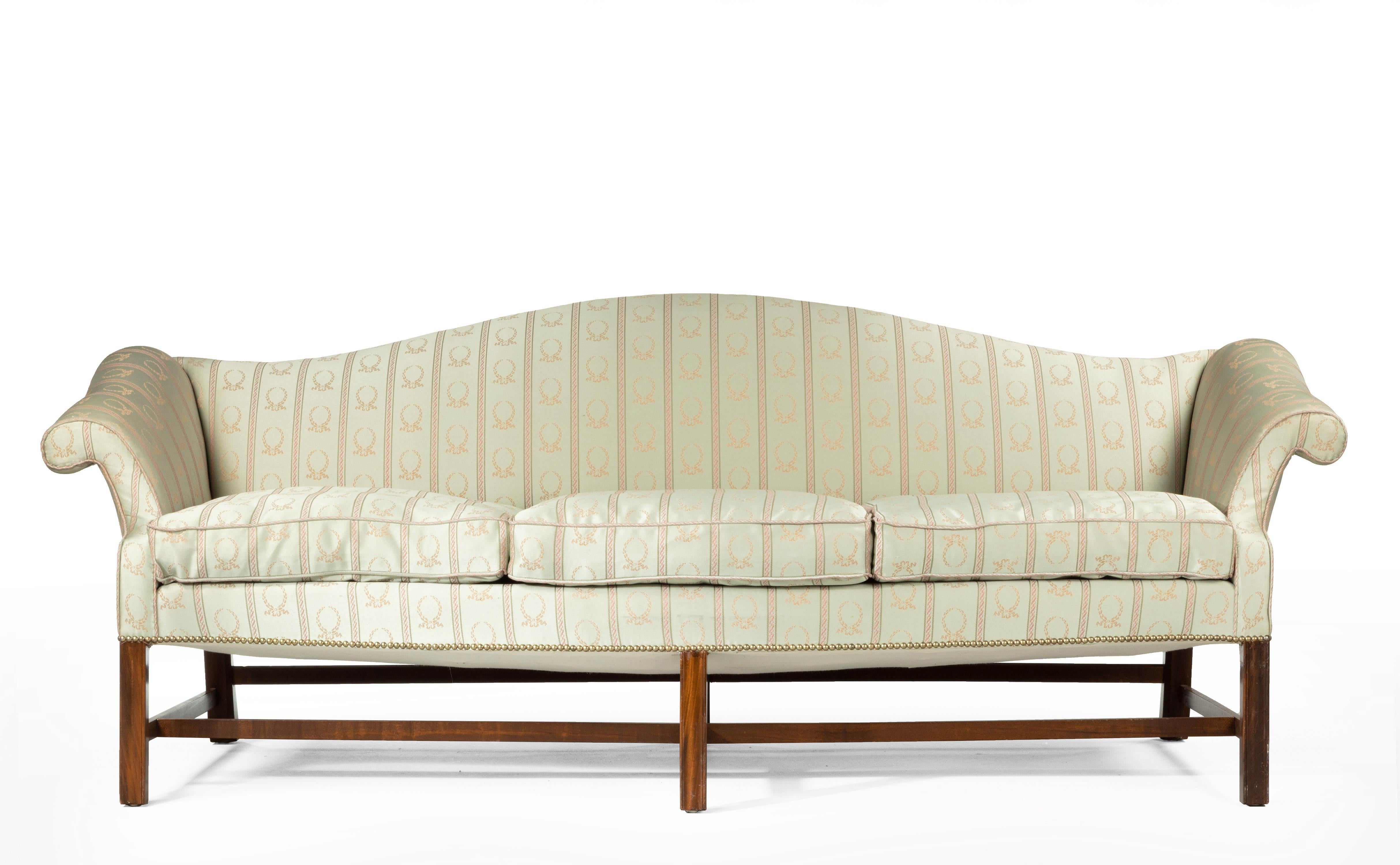 English Mahogany Framed Camelback Sofa of Georgian Design