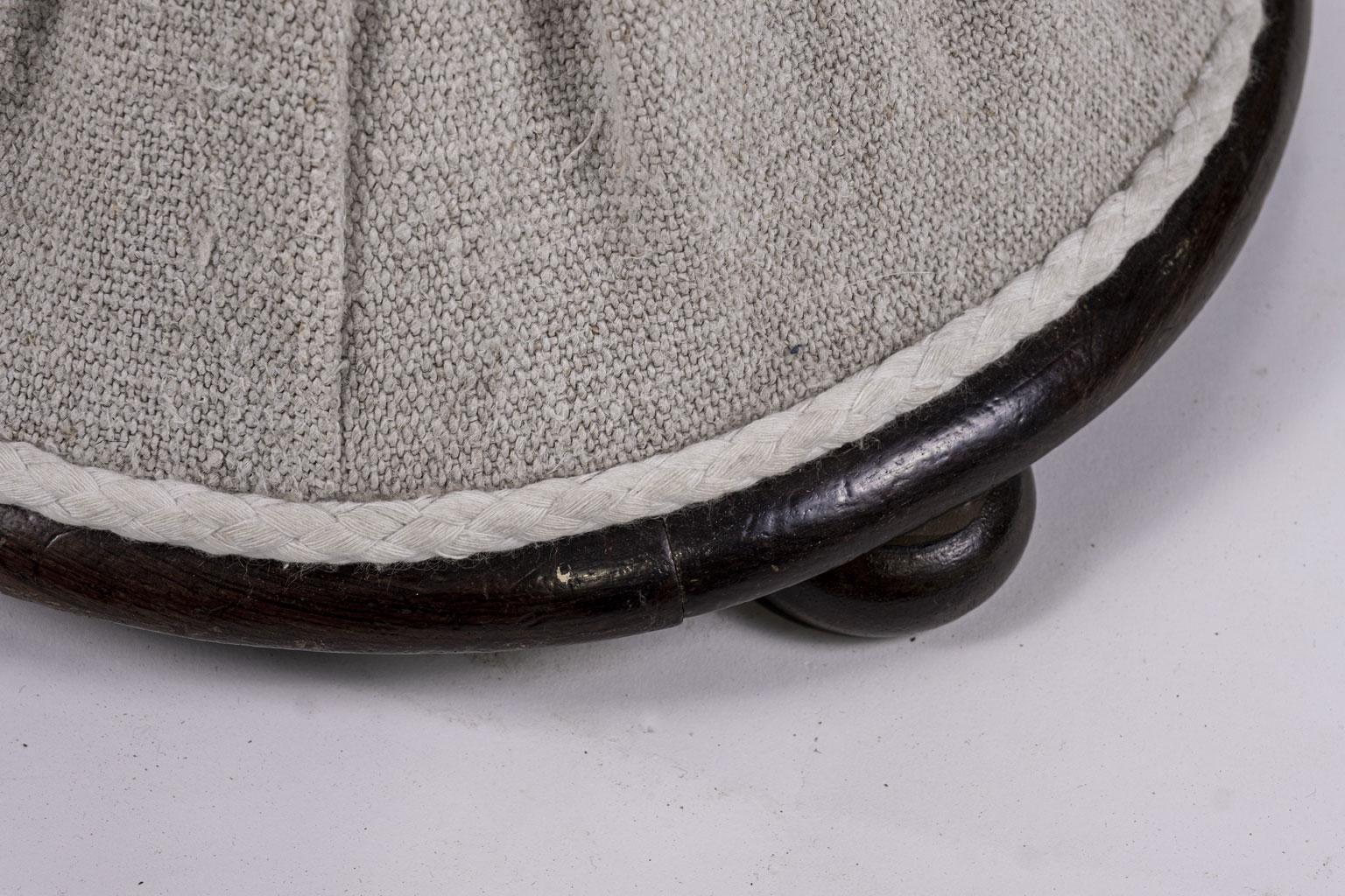 19th Century Mahogany Framed English Diabolo Stool in Linen
