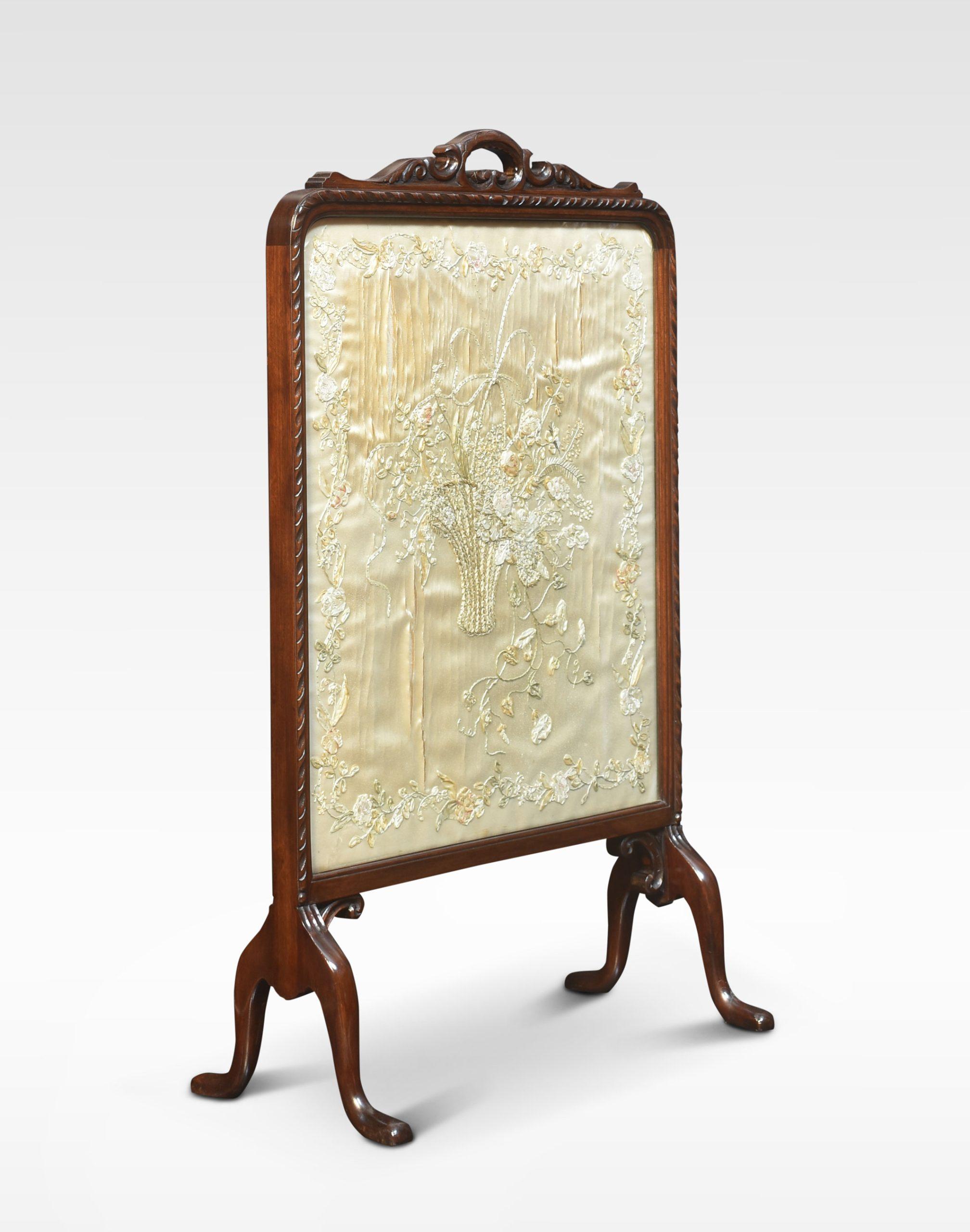 Mahogany framed fire screen, and the carved mahogany Frame encasing needlework panel all raised up on shaped supports. Some damage to the needlework panel.
Dimensions
Height 34.5 Inches
Width 22 Inches
Depth 10 Inches