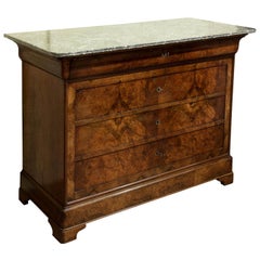 Burr walnut Louis Phillipe Commode with Dark Grey Marble Top, circa 1860