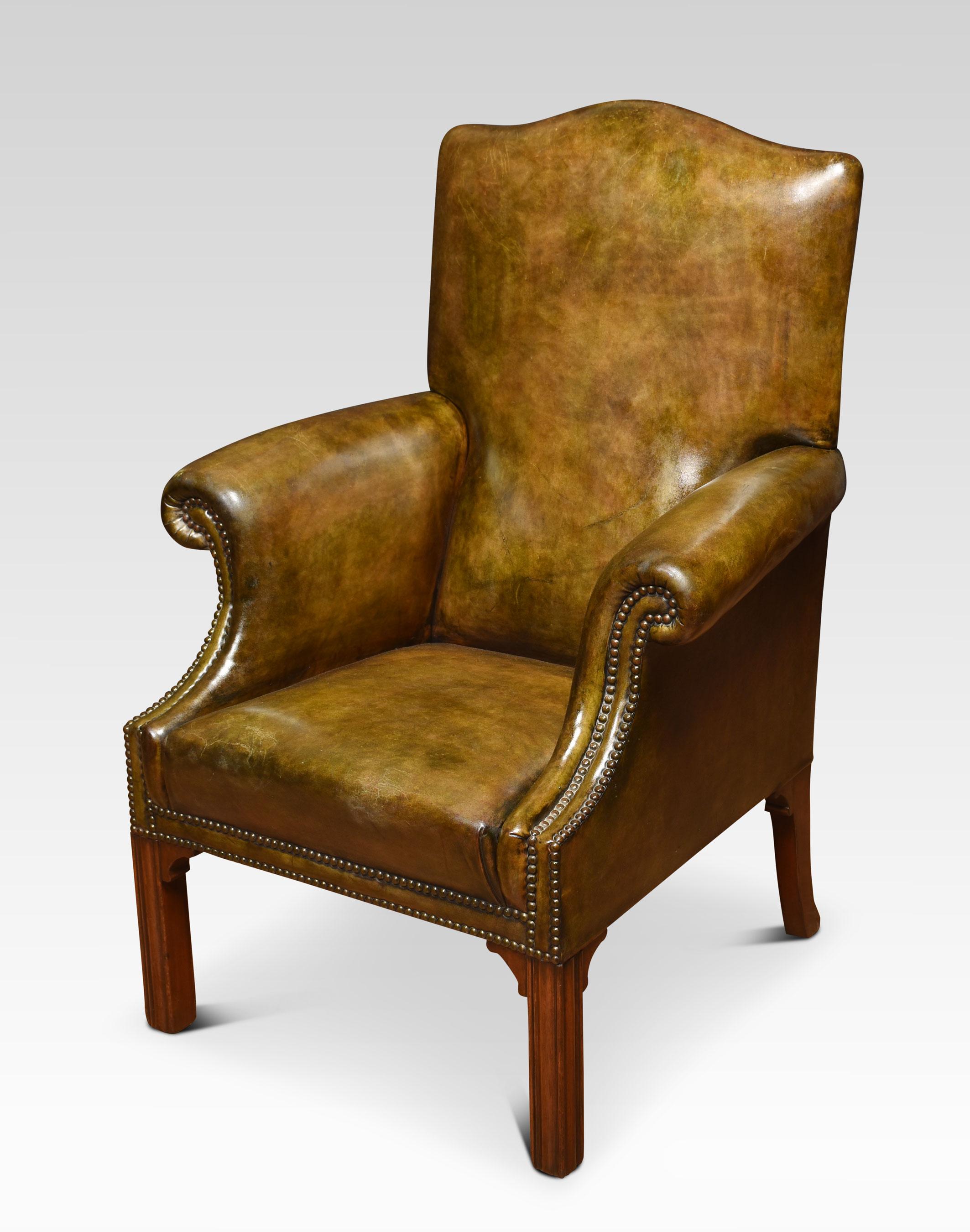 Mahogany framed armchair of small proportions, the arched top above upholstered back, arms and seat. All raised up on square supports.
Dimensions
Height 41 Inches height to seat 17 Inches
Width 29.5 Inches
Depth 27.5 Inches.