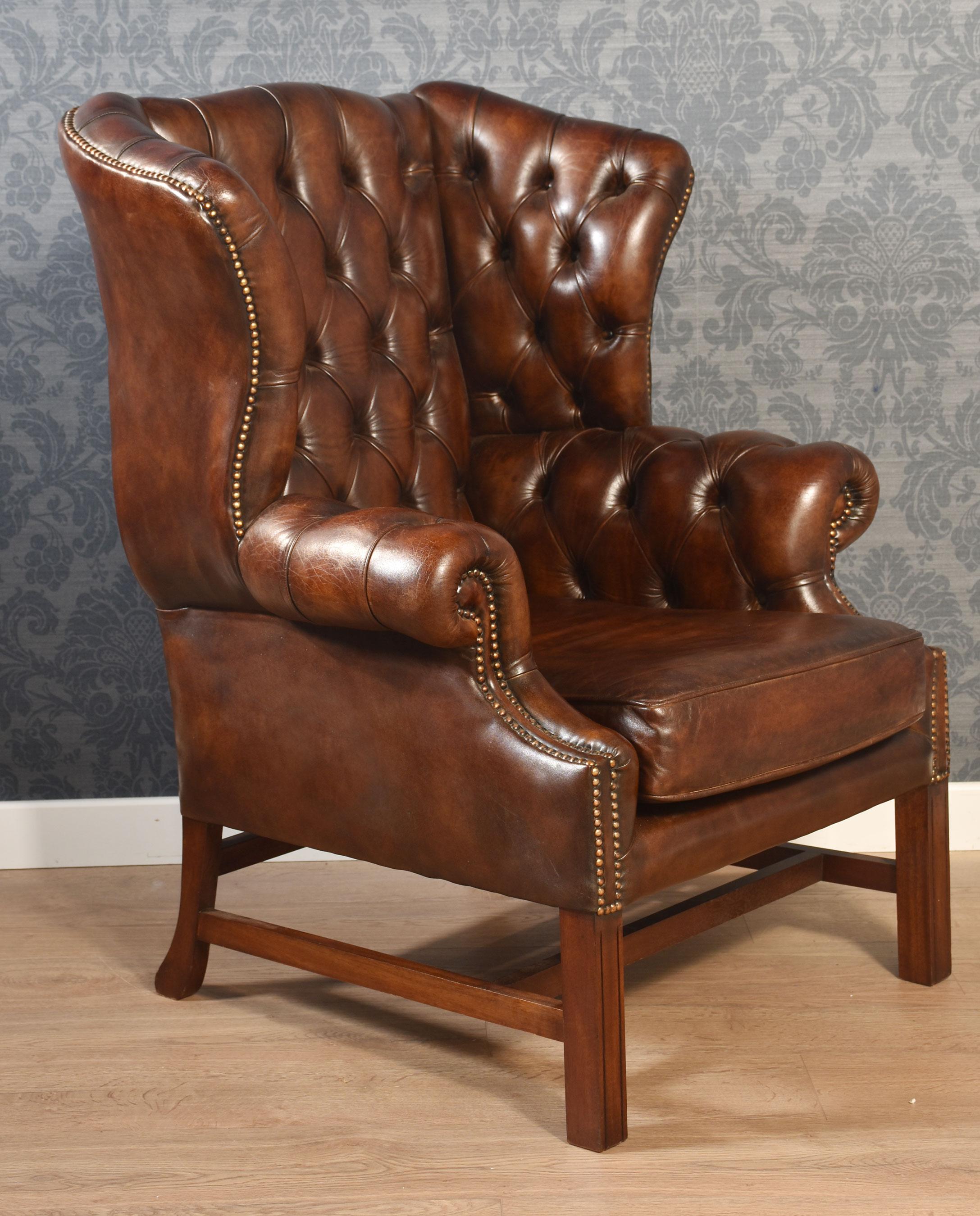 Leather Mahogany framed wing armchair