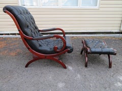 Mahogany French Campaign Style Lounge Chair & Ottoman Set Mid-Century Modern