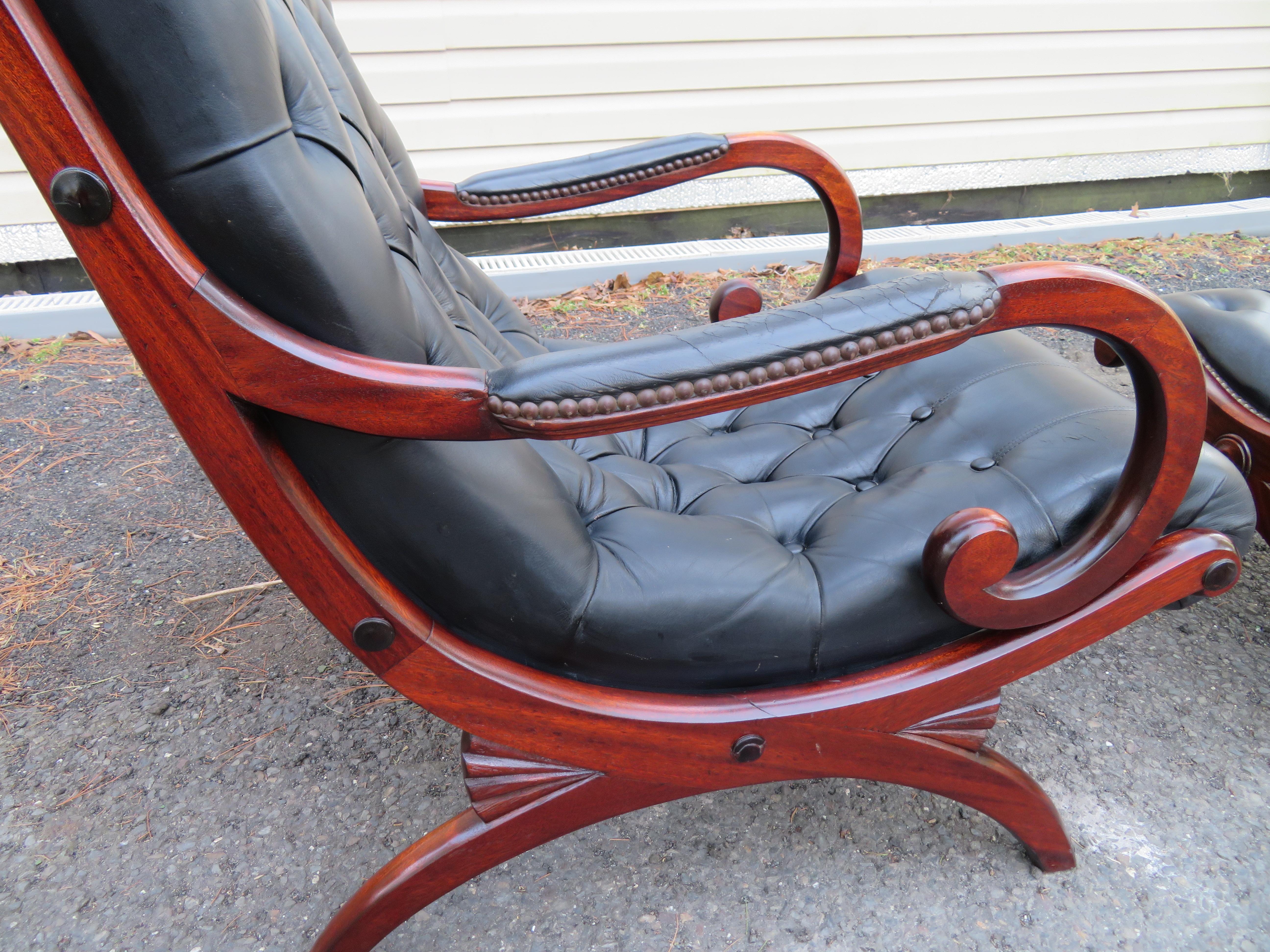 Mid-20th Century Mahogany French Campaign Style Lounge Chair & Ottoman Set Mid-Century Modern For Sale
