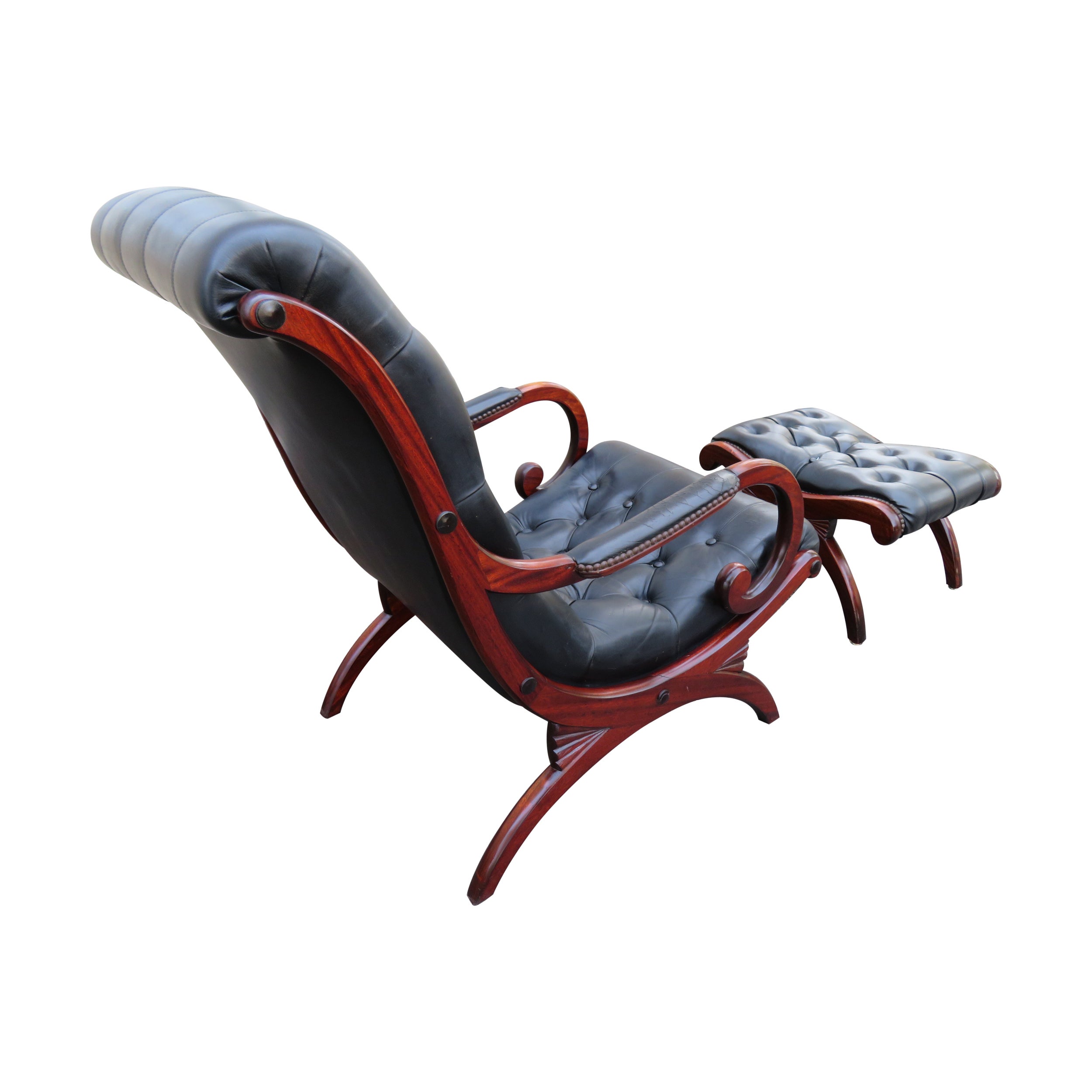 Französischer Loungesessel und Ottomane aus Mahagoni im Campaign-Stil, Mid-Century Modern