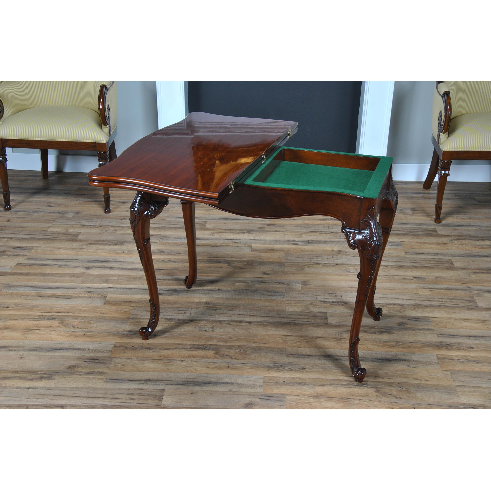 This large Mahogany French Game Table has a serpentine shaped top with fine quality mahogany grain and a crisply molded edge. Designed after an antique original our reproduction Mahogany French Game Table has all of the features that made the old