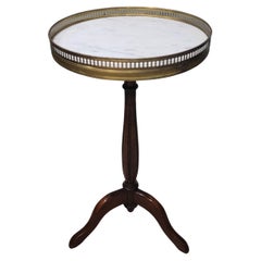 Mahogany French Wine Table Gueridon w/ Carrara Marble Top Insert & Brass Gallery