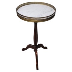 Mahogany French Wine Table Gueridon w/ Carrara Marble Top Insert & Brass Gallery