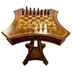Mahogany Game Table with Full Chess Set Queen's Gambit