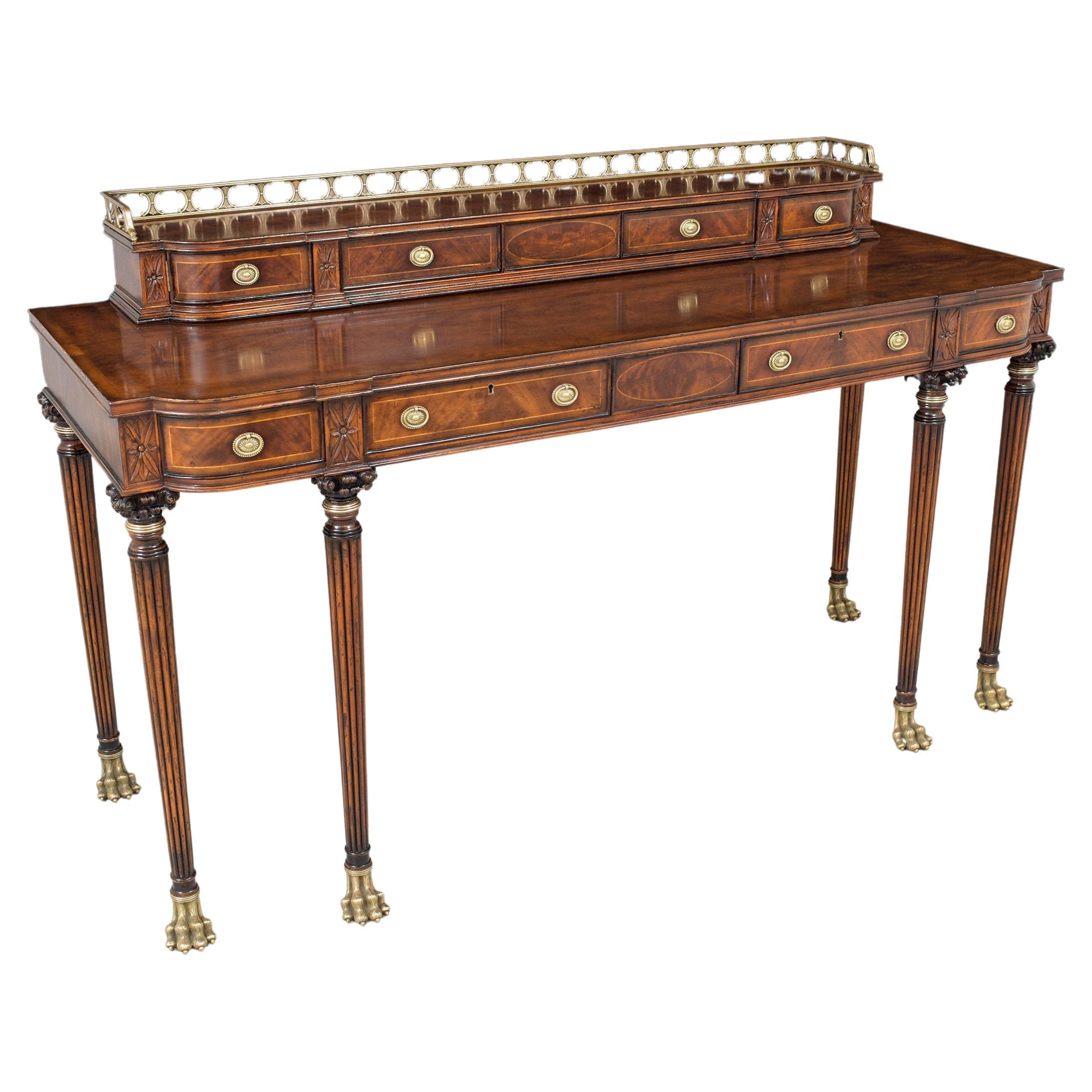 An extraordinary vintage George III English sideboard beautifully crafted out of mahogany wood has been professionally restored by our craftsmen team. This fabulous piece features its original mahogany color and ebonized carvings and moldings finish