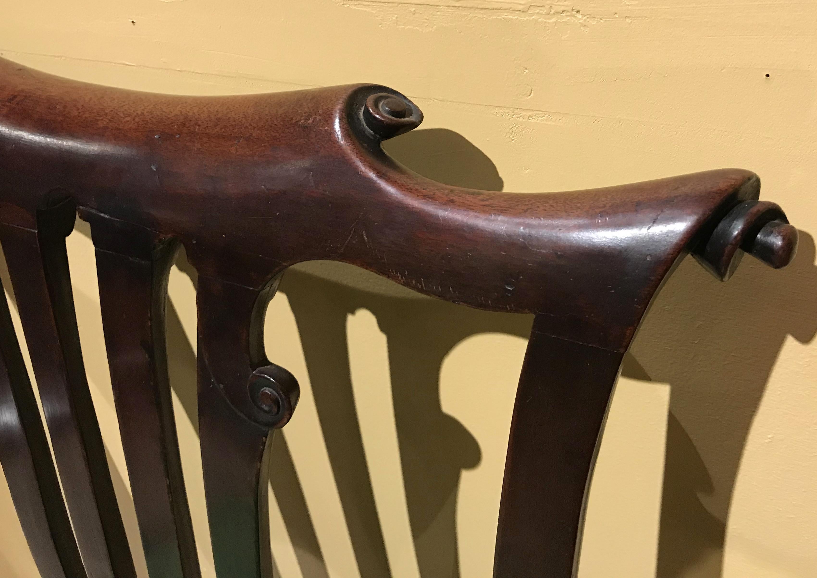 English Mahogany Georgian Armchair with Scrolled Crest and Arms, circa 1750