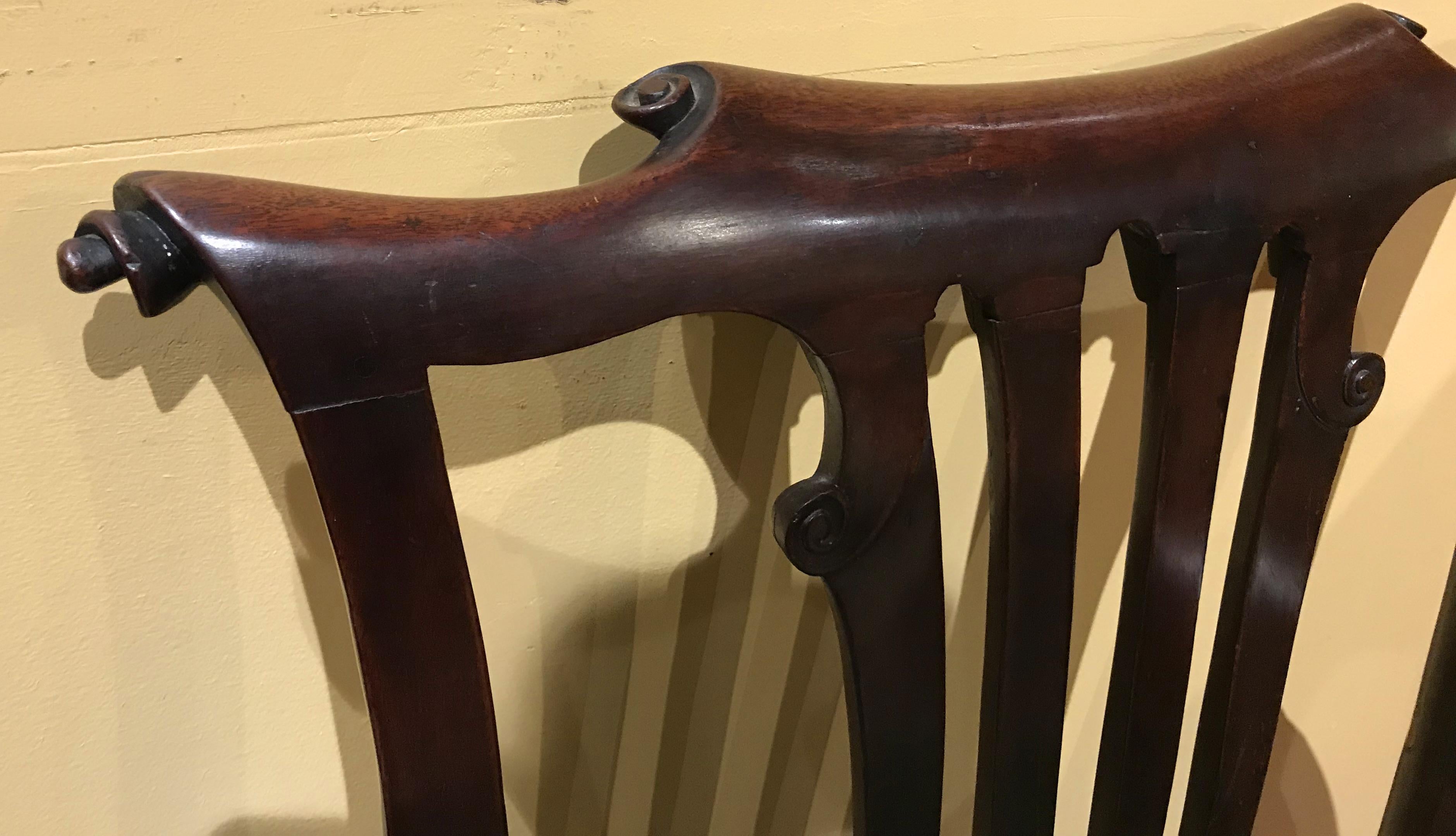 Hand-Crafted Mahogany Georgian Armchair with Scrolled Crest and Arms, circa 1750