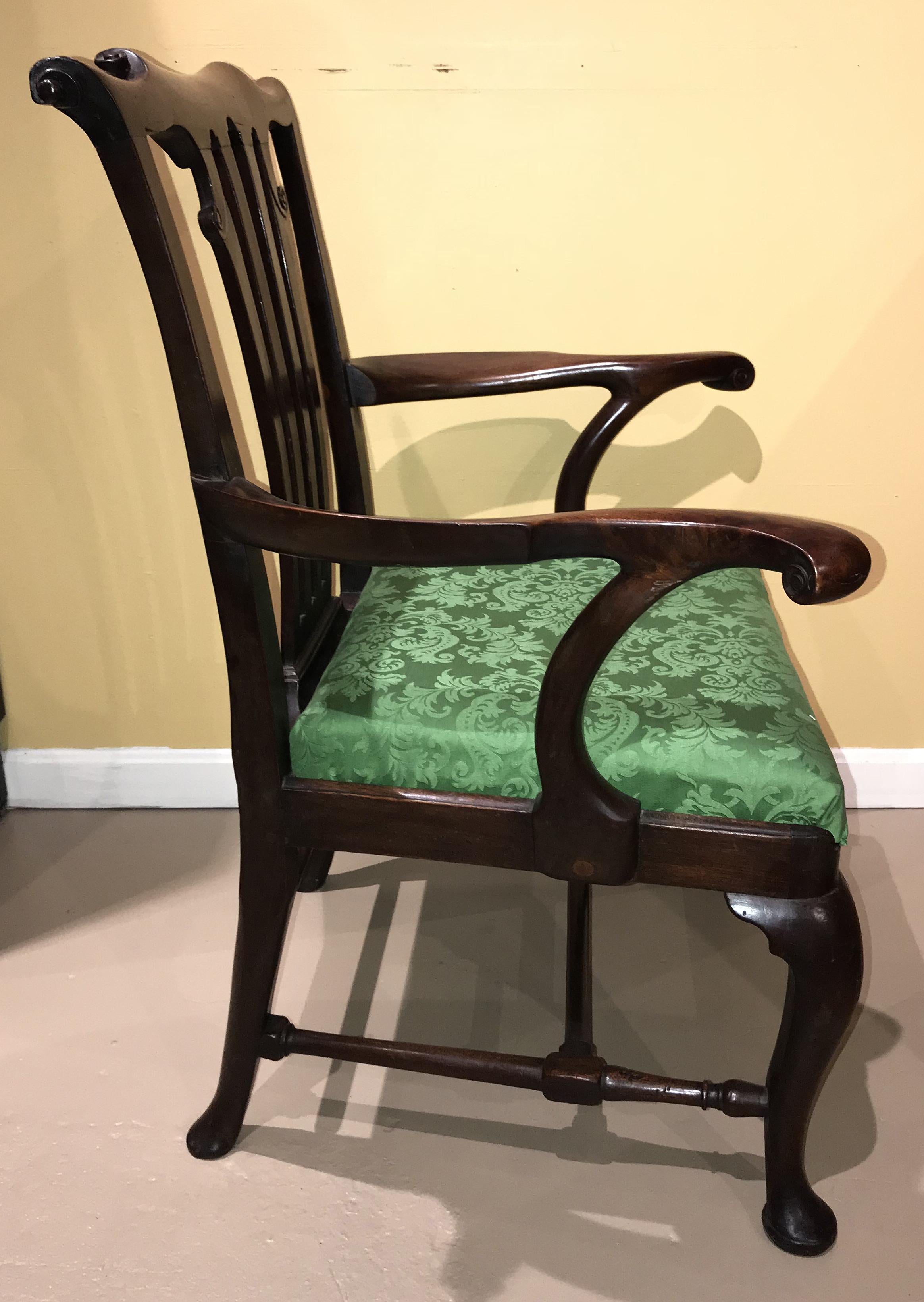 Mahogany Georgian Armchair with Scrolled Crest and Arms, circa 1750 1