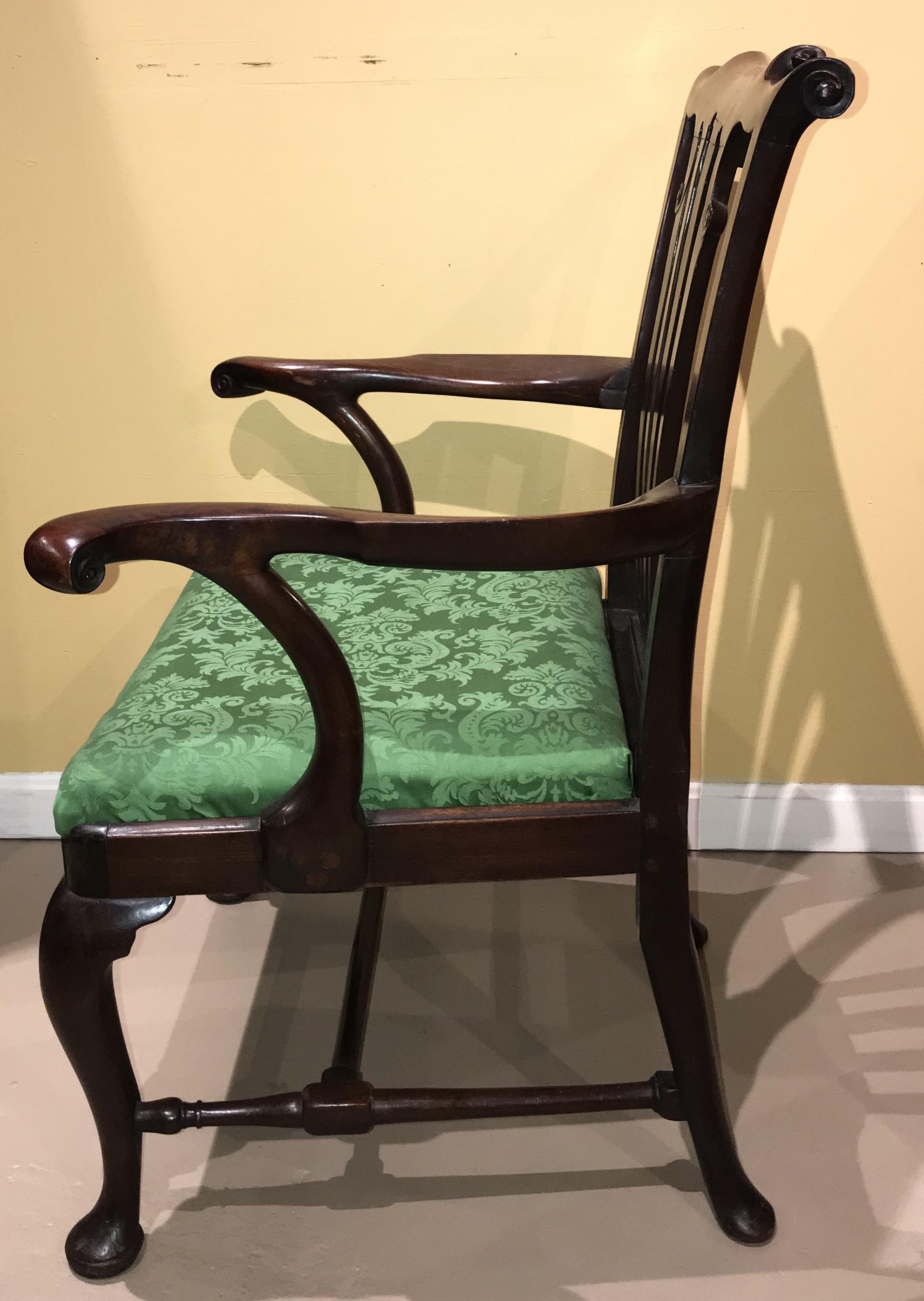 Mahogany Georgian Armchair with Scrolled Crest and Arms, circa 1750 3