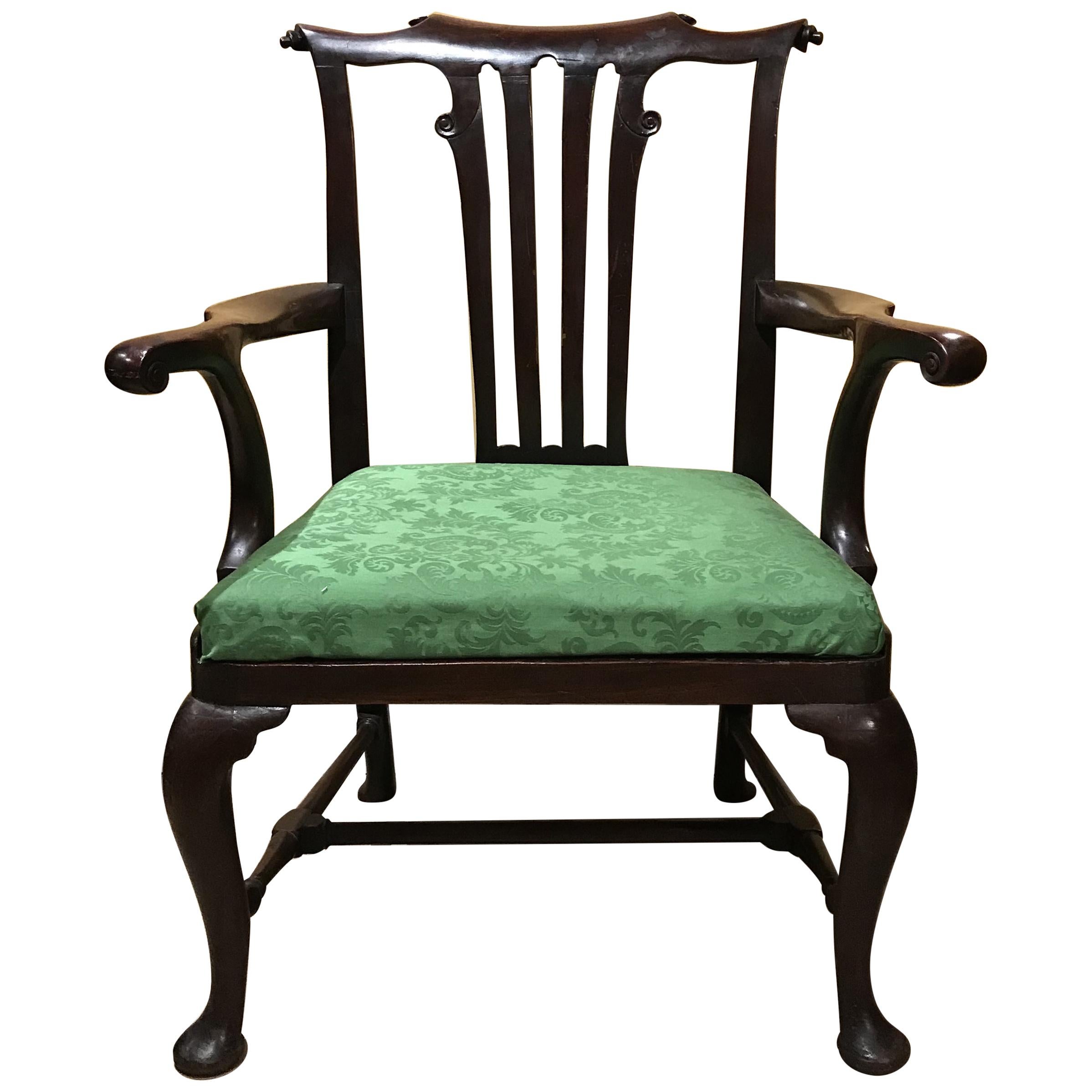Mahogany Georgian Armchair with Scrolled Crest and Arms, circa 1750