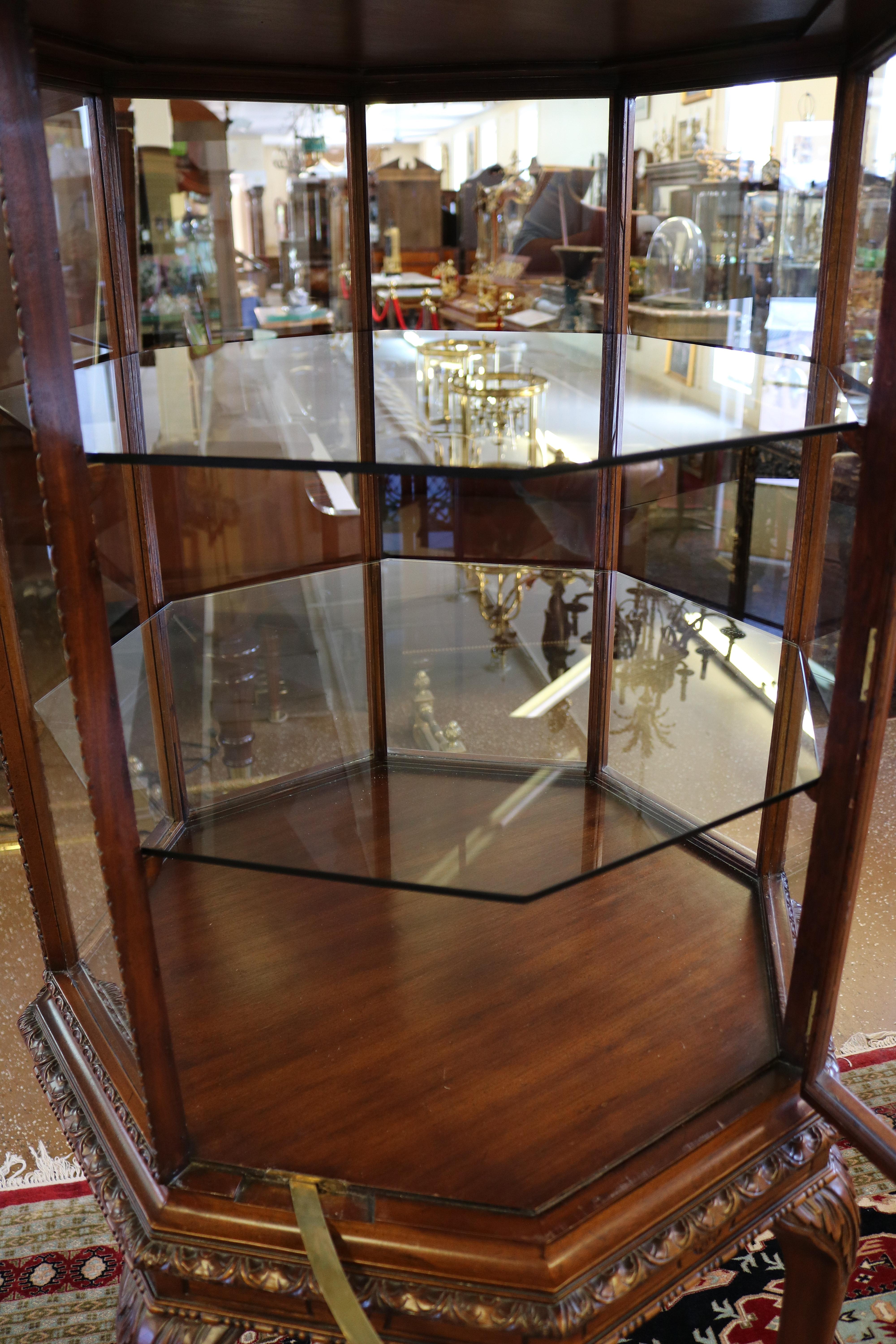 Glass Mahogany Georgian Style Hexagon Shaped China Curio Display Cabinet