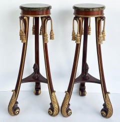 Mahogany Giltwood Pedestals with Carved Tassels & Tesselated Stone Tops, a Pair