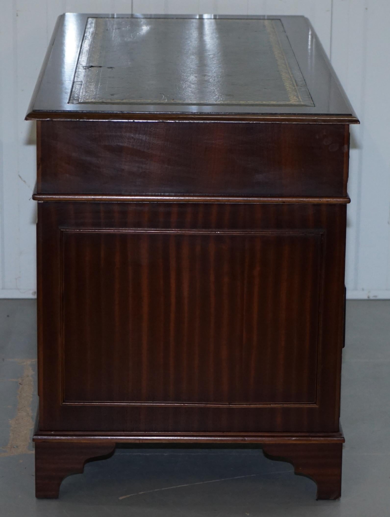 Hardwood  & Green Leather Partner Desk with Sliding Keyboard Shelf Twin Pedestal For Sale 6