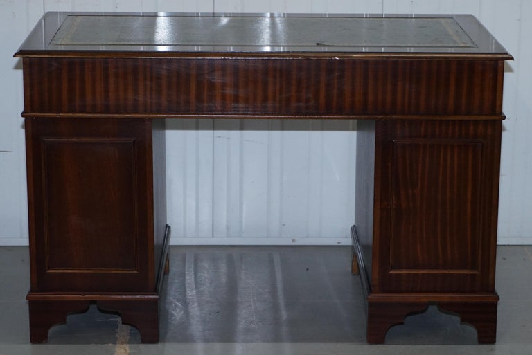 Mahogany and Green Leather Partner Desk with Sliding Keyboard Shelf