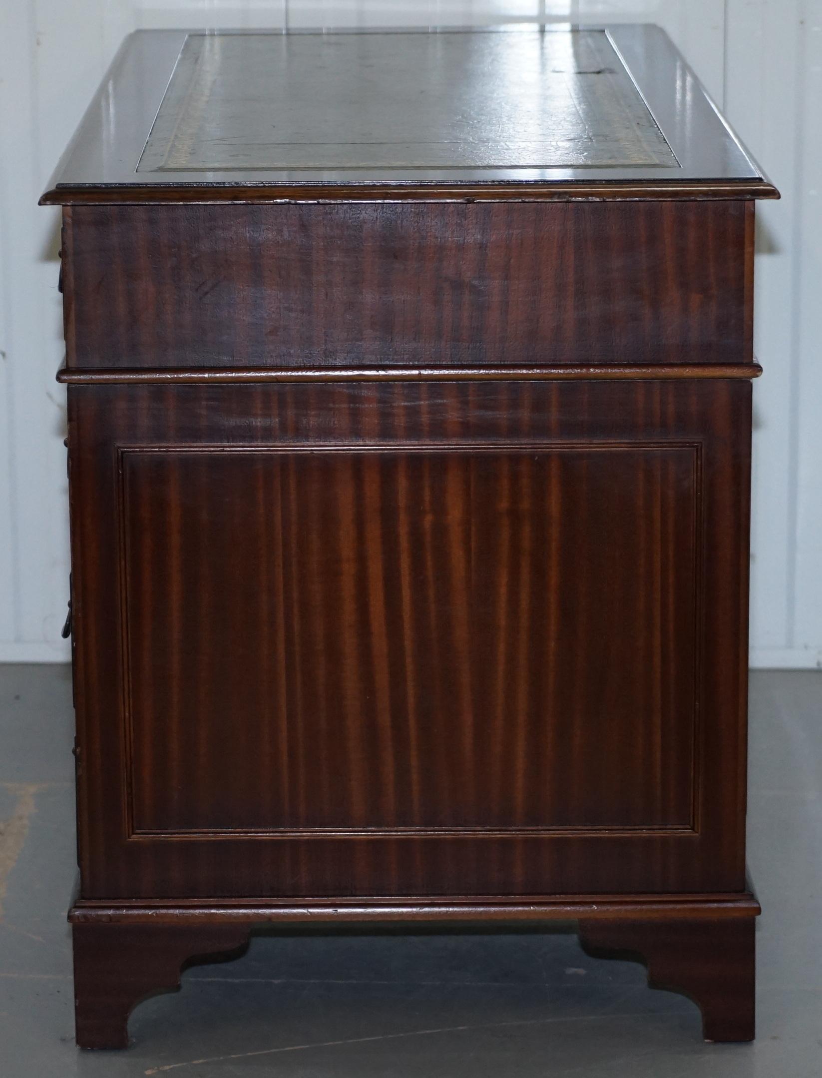 Hardwood  & Green Leather Partner Desk with Sliding Keyboard Shelf Twin Pedestal For Sale 8