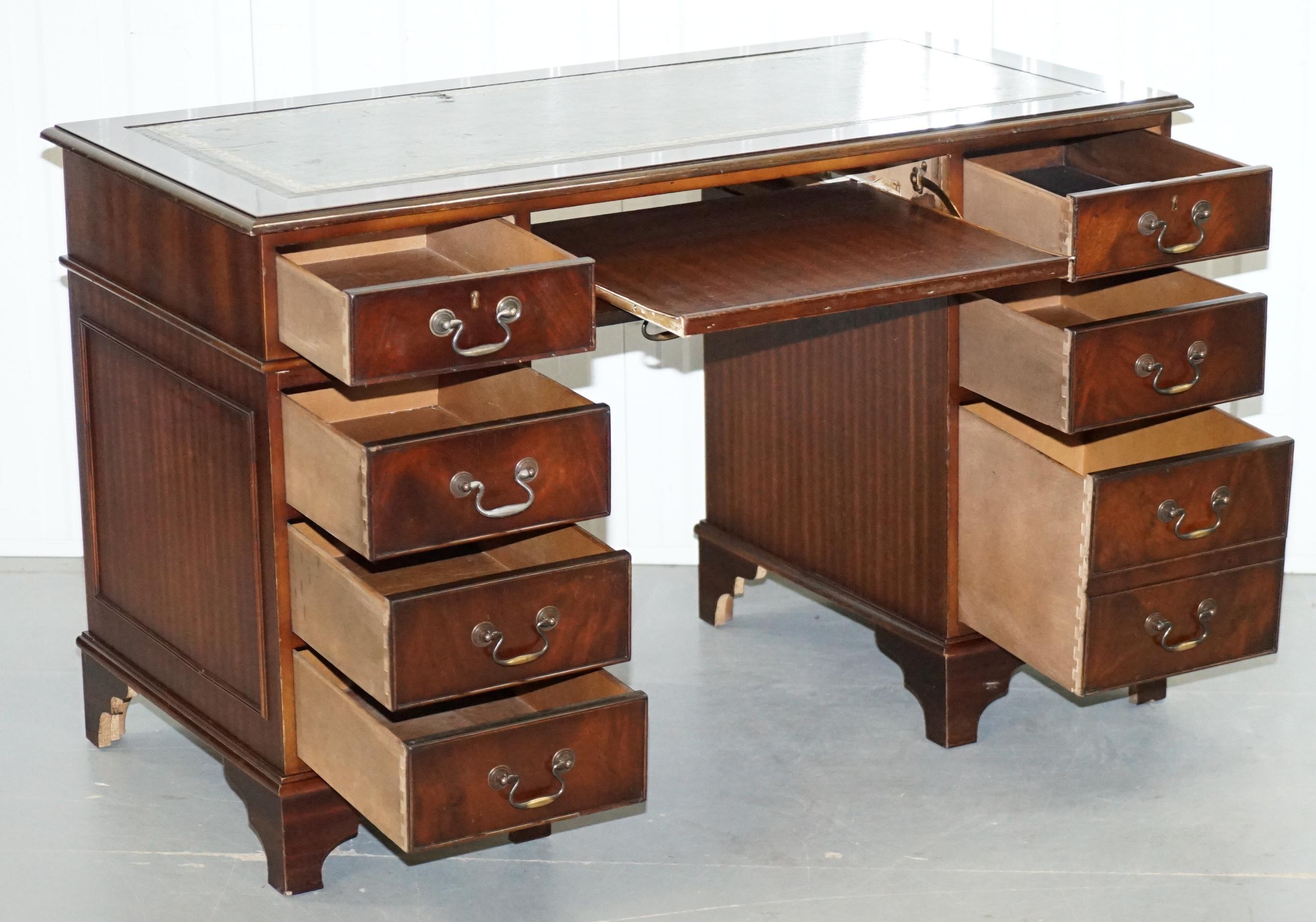 Hardwood  & Green Leather Partner Desk with Sliding Keyboard Shelf Twin Pedestal For Sale 9