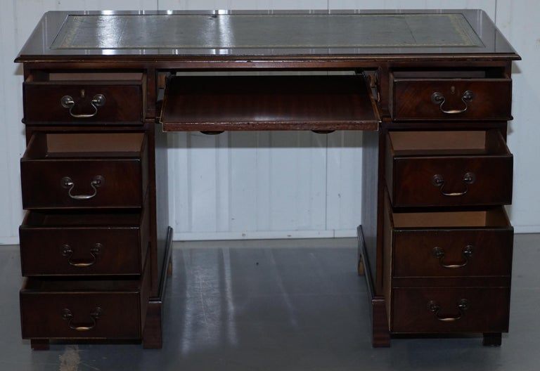 Hardwood and Green Leather Partner Desk with Sliding Keyboard Shelf
