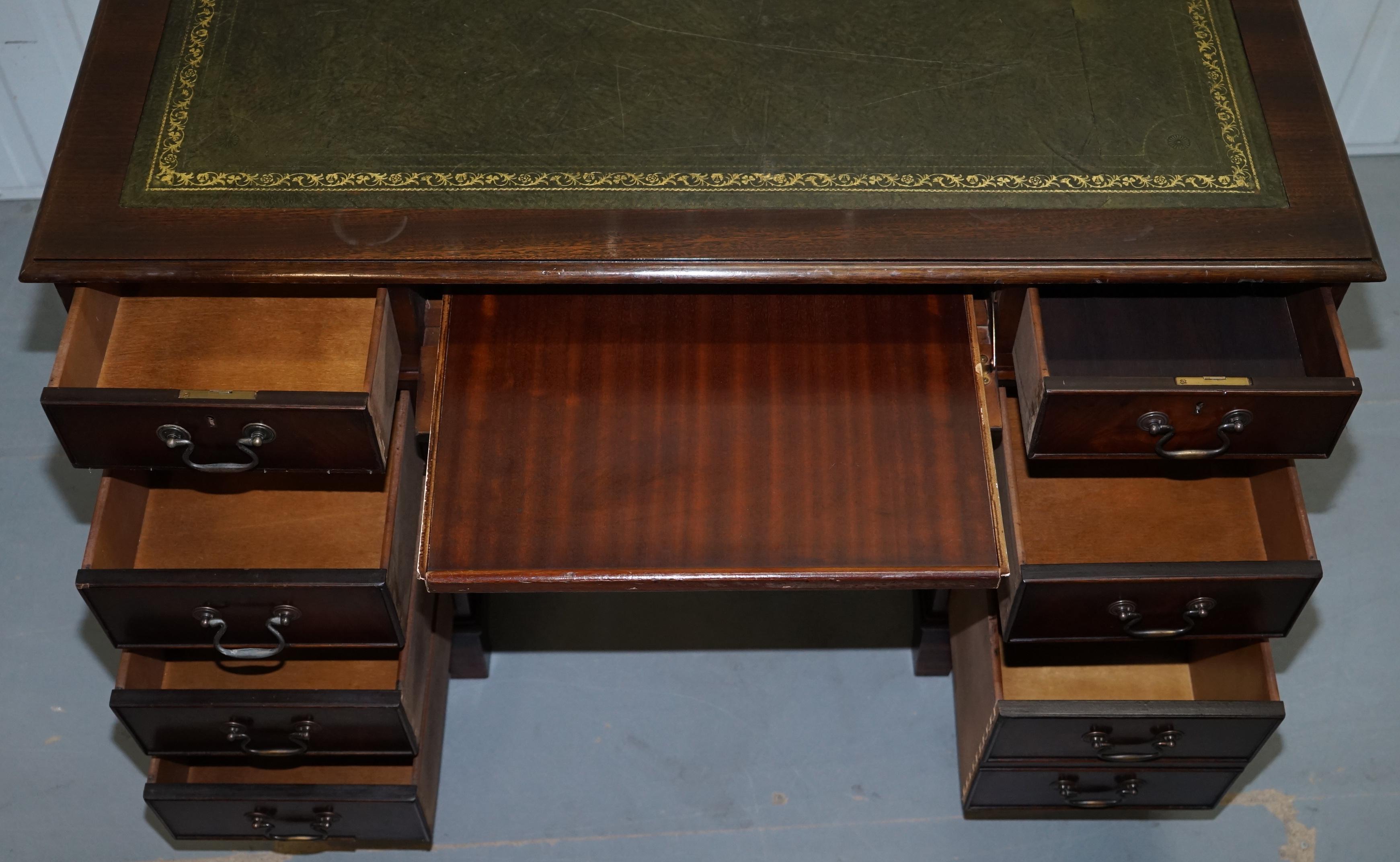 Hardwood  & Green Leather Partner Desk with Sliding Keyboard Shelf Twin Pedestal For Sale 11
