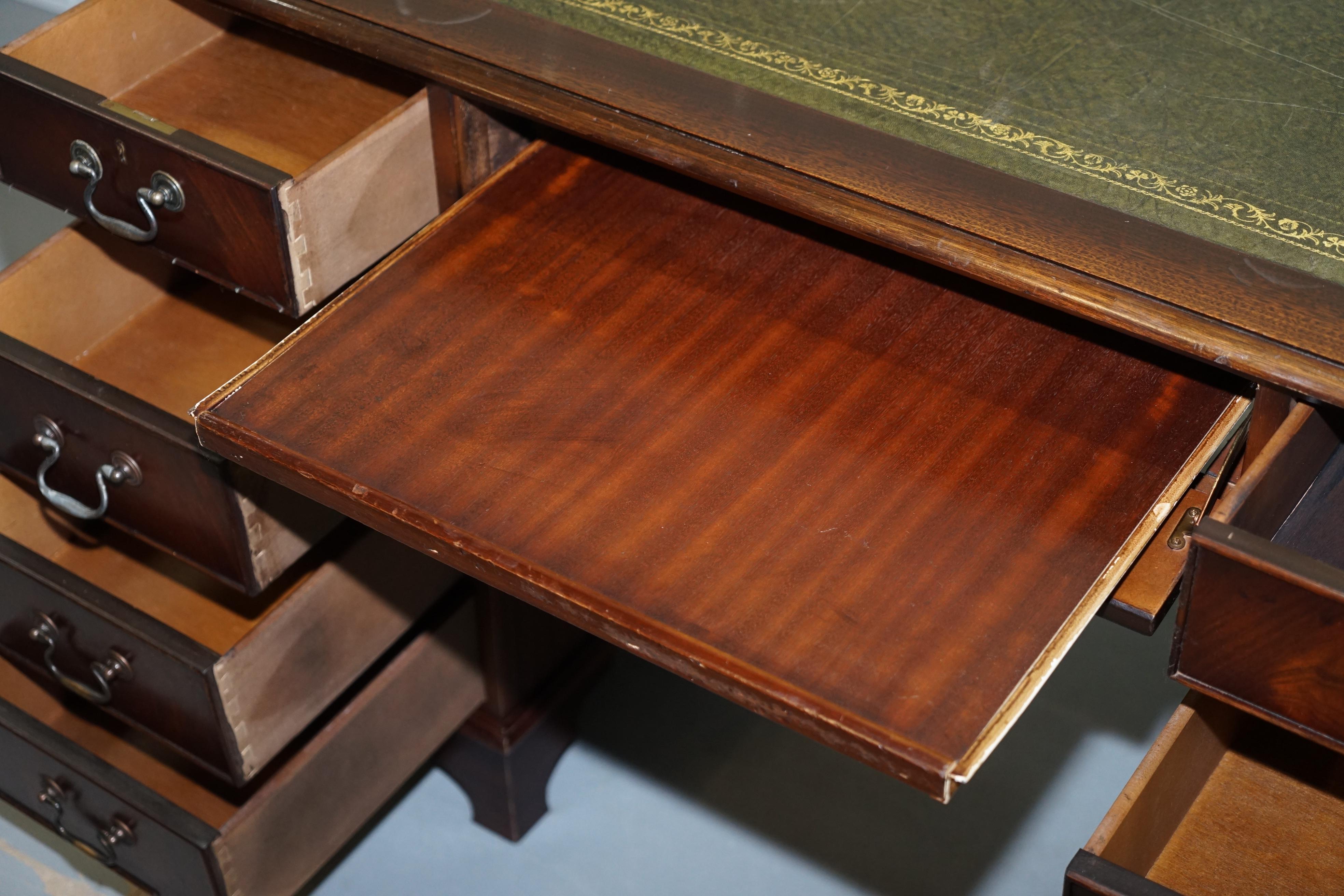 Hardwood  & Green Leather Partner Desk with Sliding Keyboard Shelf Twin Pedestal For Sale 12