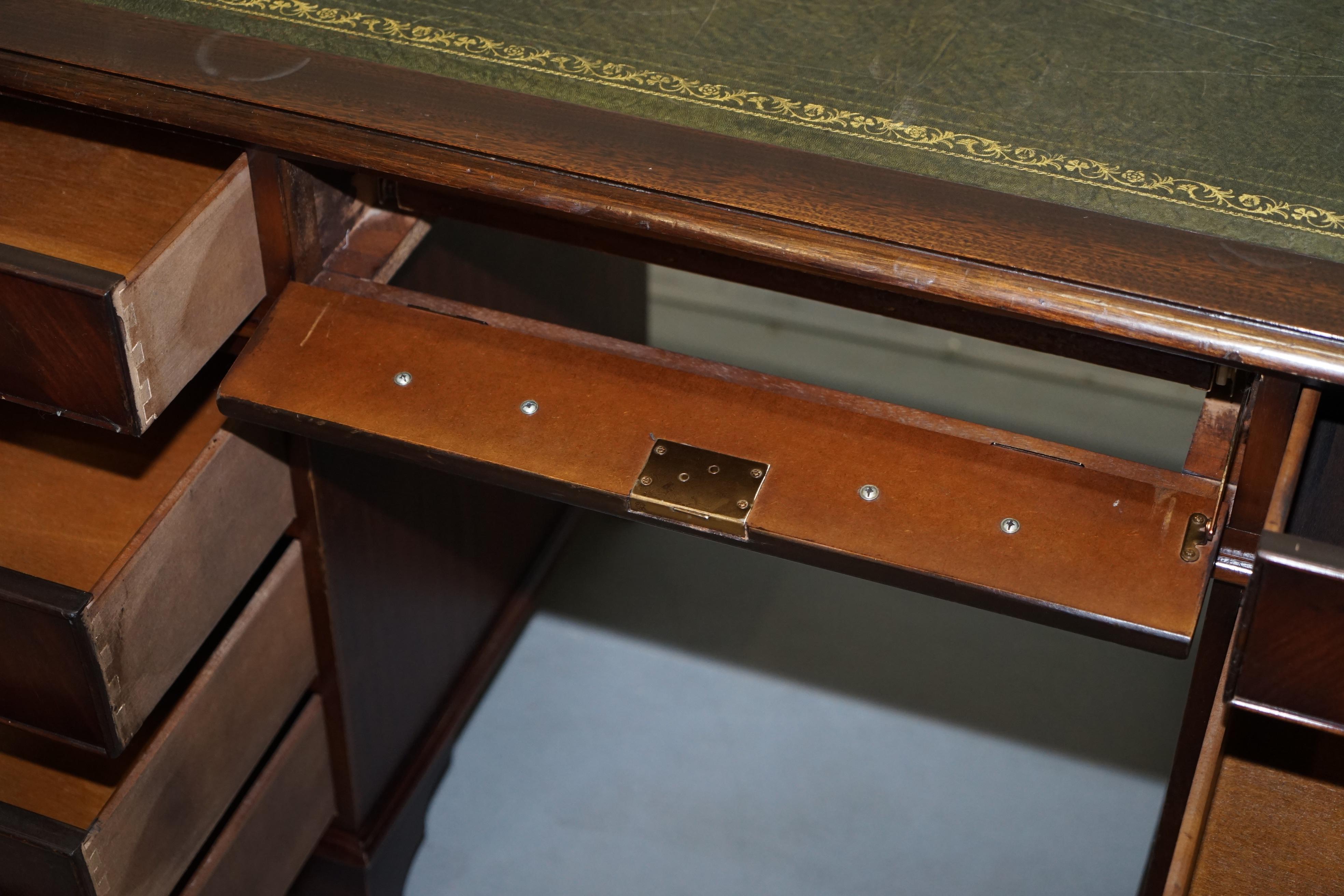 Hardwood  & Green Leather Partner Desk with Sliding Keyboard Shelf Twin Pedestal For Sale 13