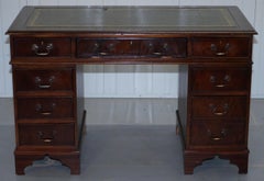 Hardwood  & Green Leather Partner Desk with Sliding Keyboard Shelf Twin Pedestal