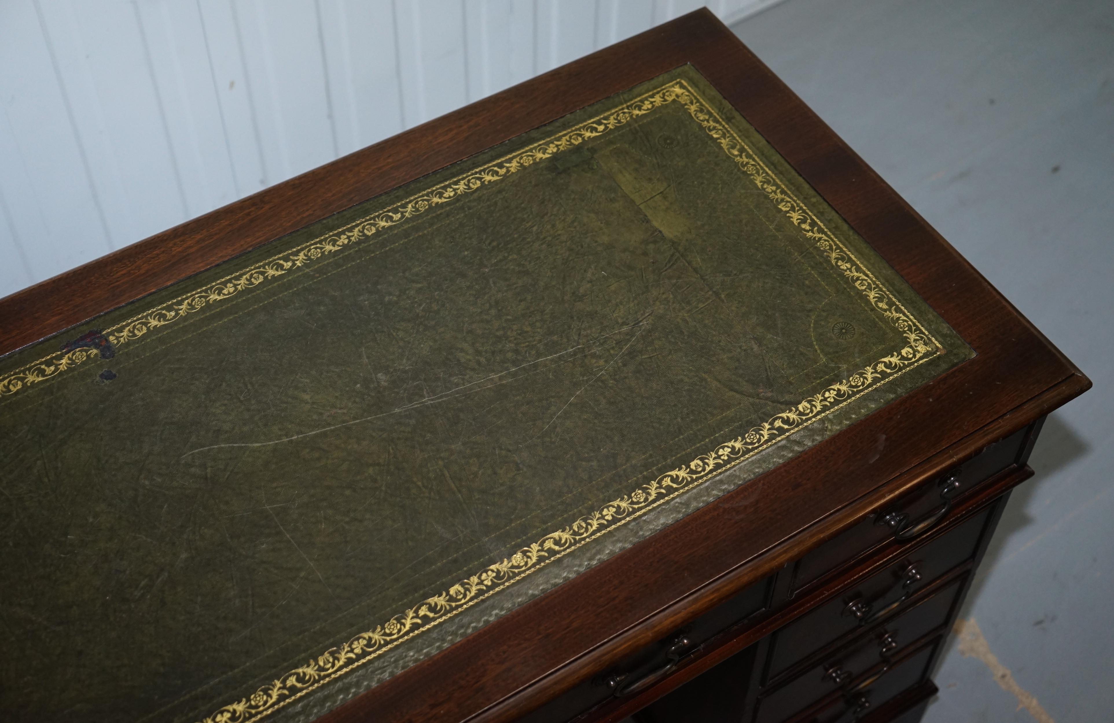 20th Century Hardwood  & Green Leather Partner Desk with Sliding Keyboard Shelf Twin Pedestal For Sale