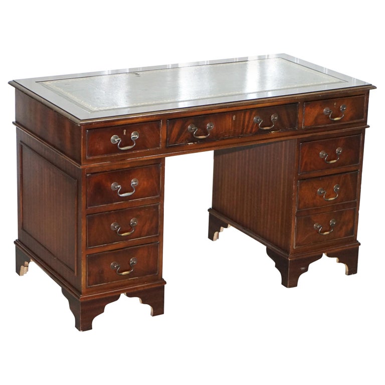 Hardwood and Green Leather Partner Desk with Sliding Keyboard Shelf