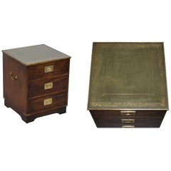 Mahogany Green Leather with Brass Trim Military Campaign Side Table Size Drawers