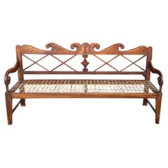 Antique Mahogany Hall Bench with Carved Open Back, Late 19th Century 