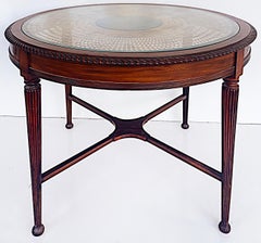 Mahogany Hand Caned Center Table with Glass Top and Fluted, Tapering Legs