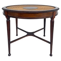 Mahogany Hand Caned Center Table with Glass Top and Fluted, Tapering Legs